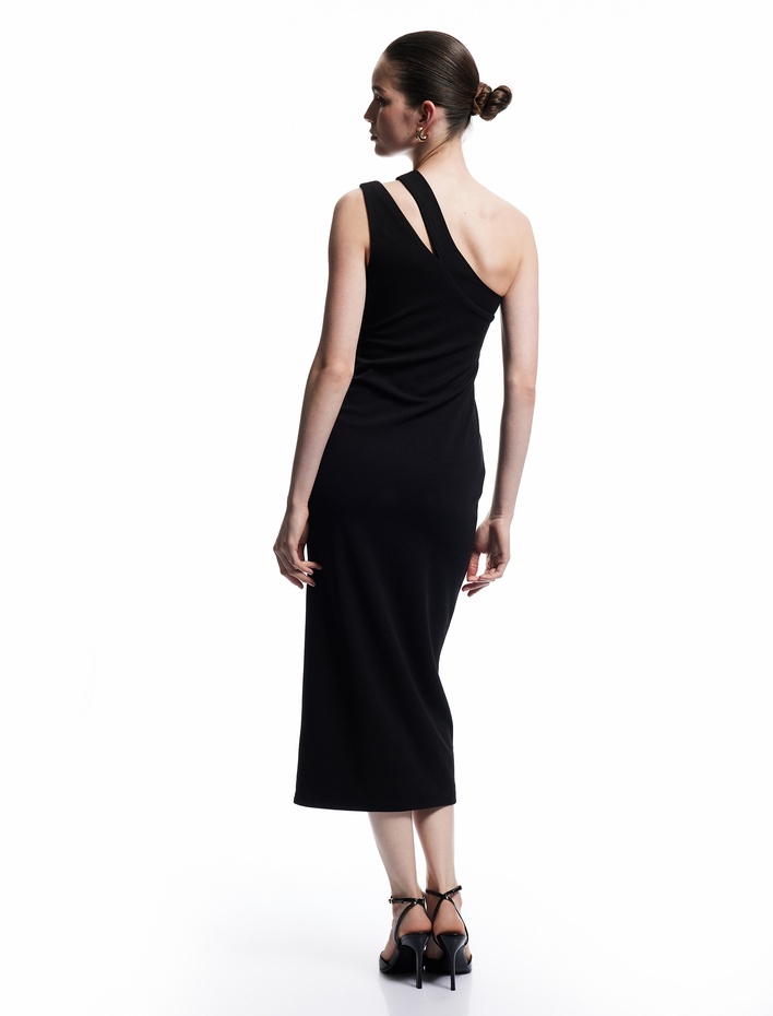  Tek Omuz Pencere Detaylı Kolsuz Taş İşlemeli Krep Midi Abiye Elbise