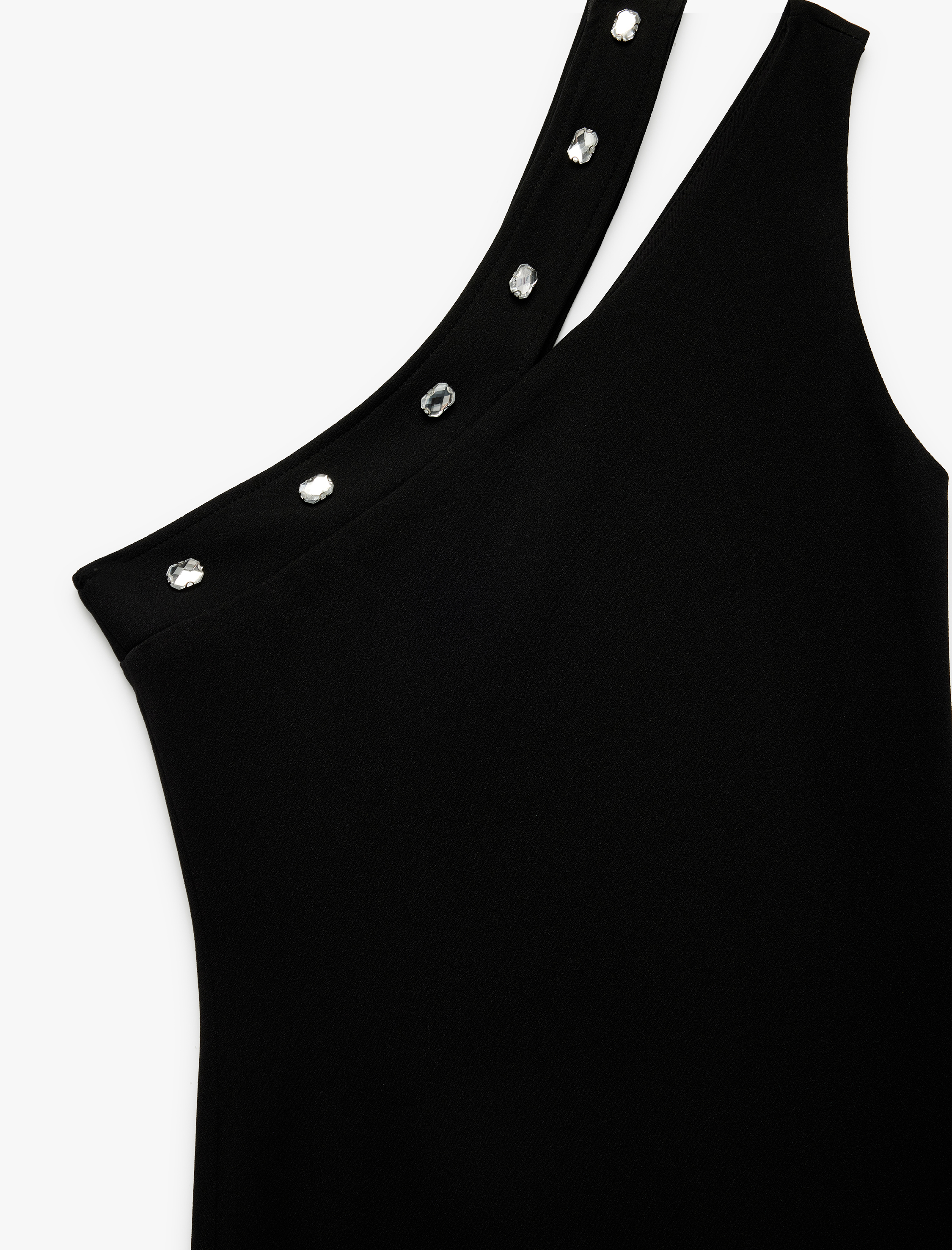   Tek Omuz Pencere Detaylı Kolsuz Taş İşlemeli Krep Midi Abiye Elbise