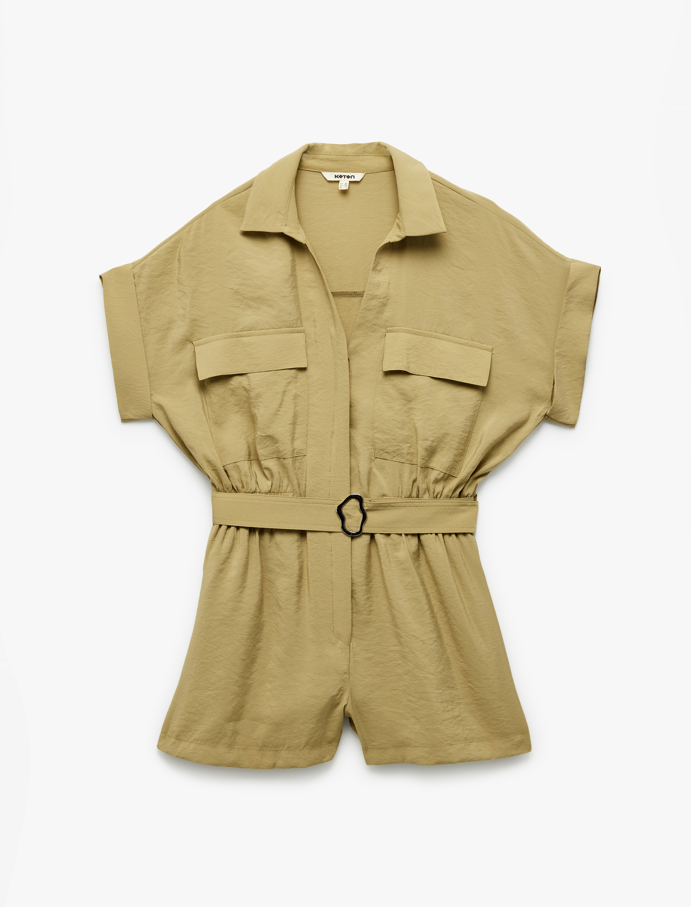   Kemerli Cepli Gömlek Yaka Kısa Kollu Modal Kumaş Şort Tulum