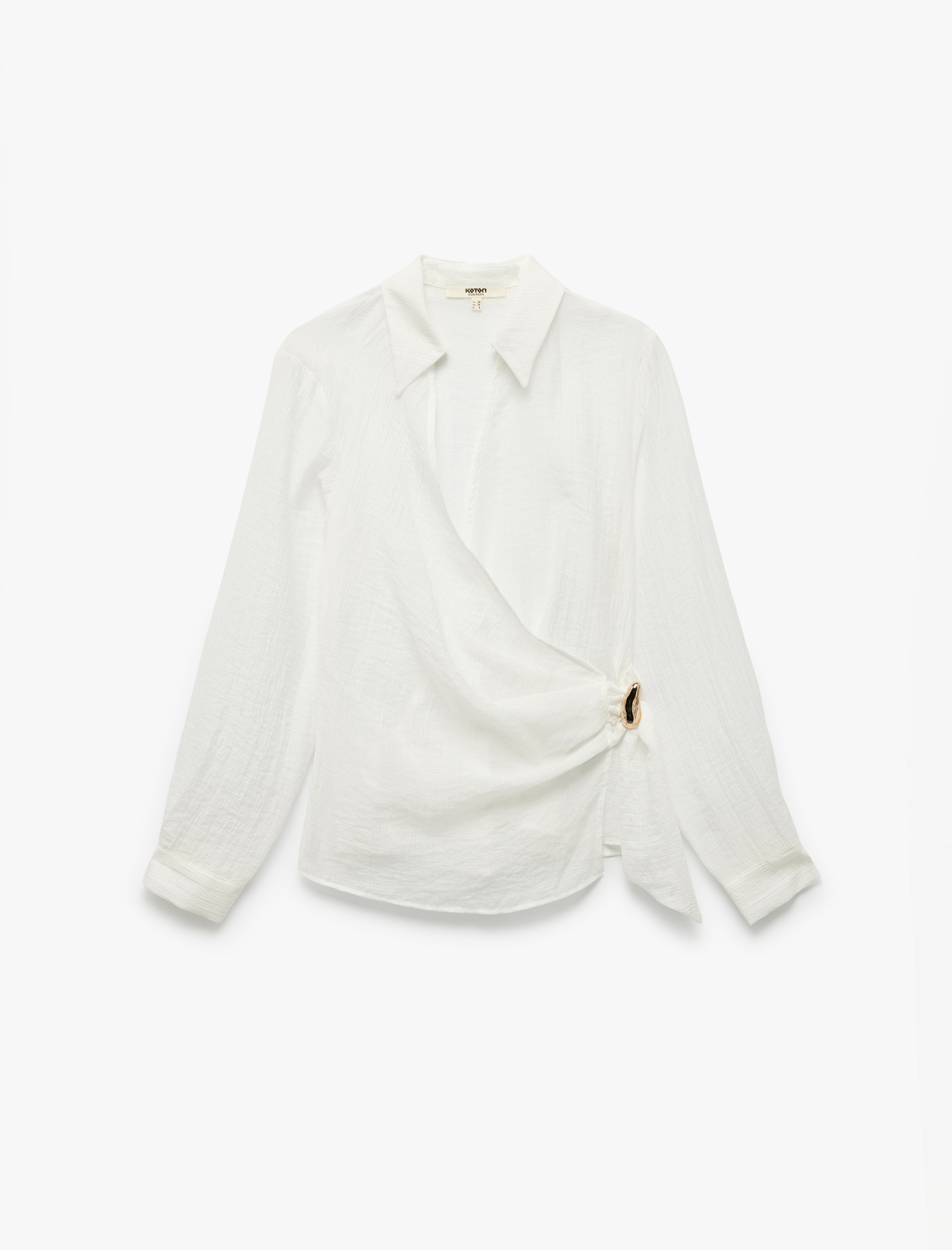   Viskon Kumaş Rahat Kalıp Aksesuar Detaylı Uzun Kollu Kruvaze Gömlek