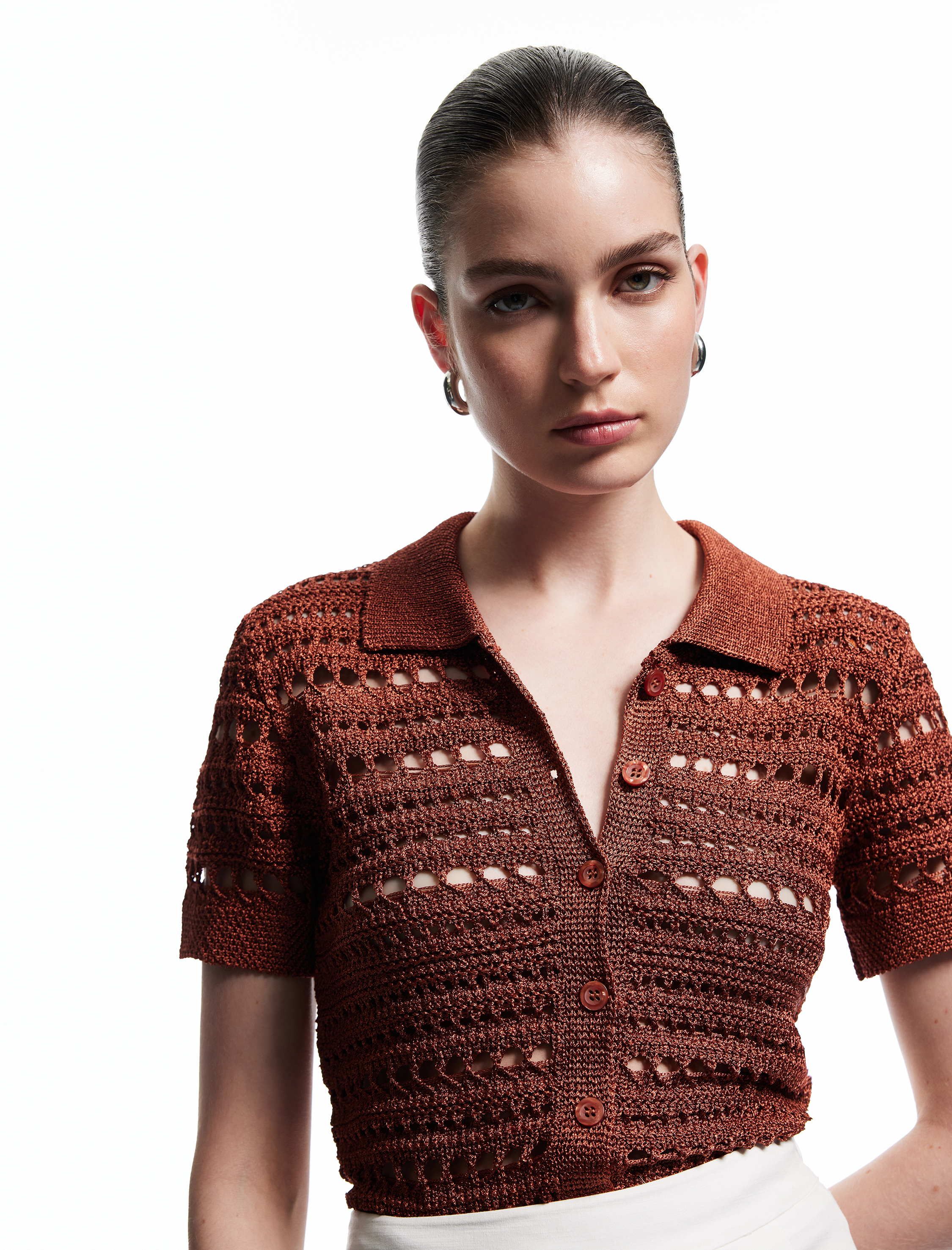   Koton X Melis Ağazat - Ajurlu Kısa Kollu Polo Yaka Kroşe Hırka