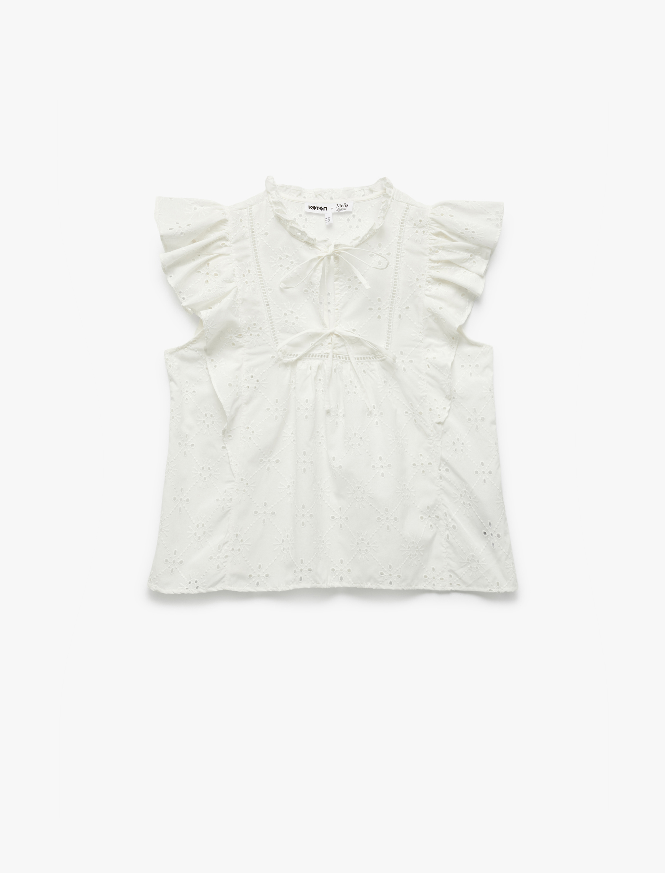   Koton X Melis Ağazat - Kolsuz Brodeli Fiyonk Detaylı Fisto Fırfırlı Bluz