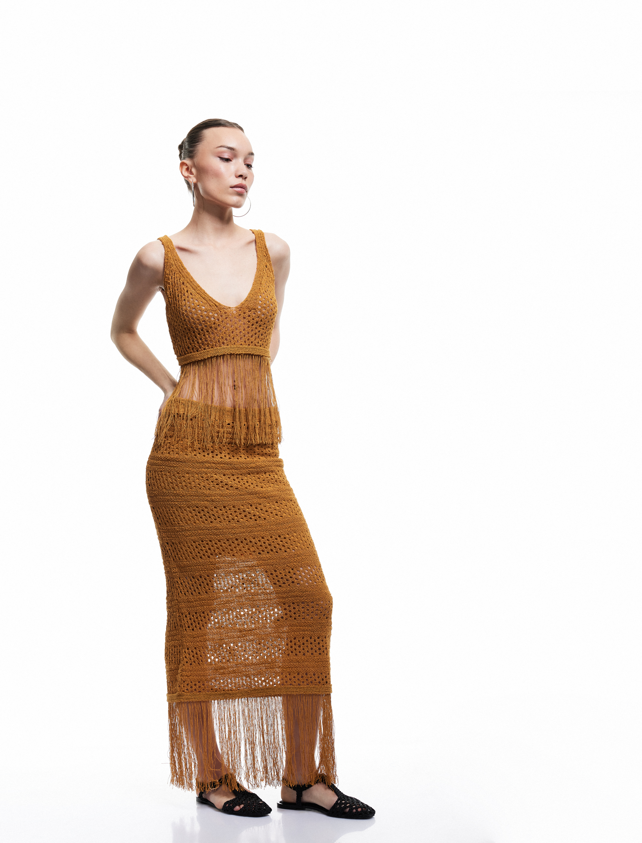   Püsküllü Beli Lastikli Astarlı Kroşe Midi Etek