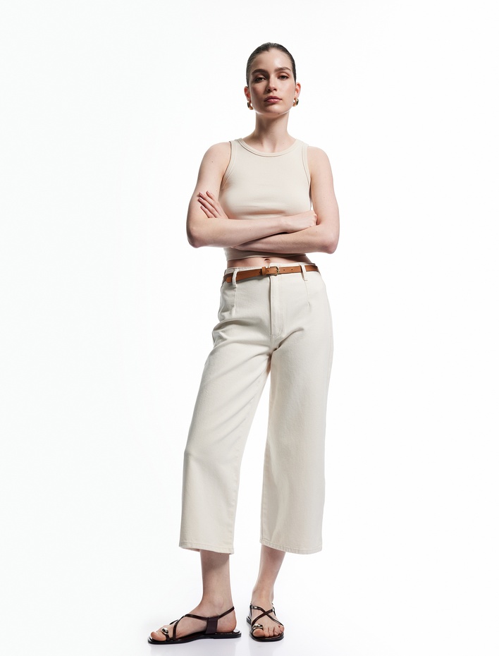  Kemer Detaylı Cepli Düğmeli Kısa Geniş Paça Pantolon - Crop Wide Leg Jean