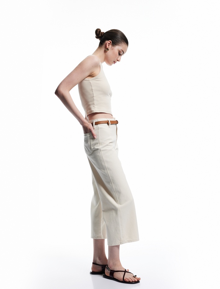  Kemer Detaylı Cepli Düğmeli Kısa Geniş Paça Pantolon - Crop Wide Leg Jean