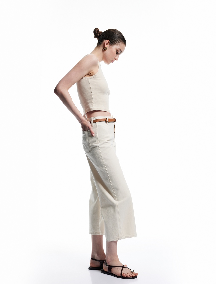   Kemer Detaylı Cepli Düğmeli Kısa Geniş Paça Pantolon - Crop Wide Leg Jean