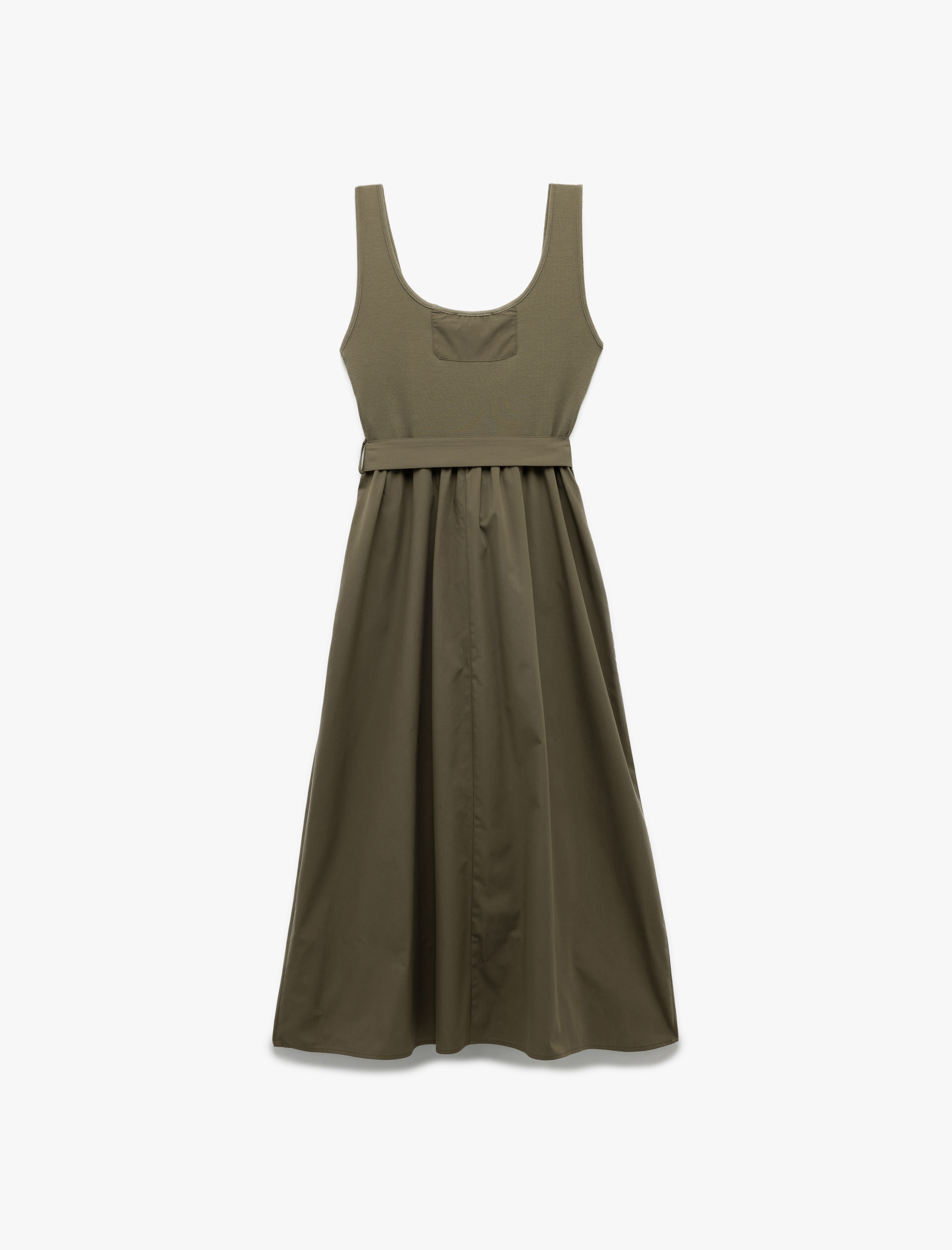 İki Farklı Kumaş Detaylı Kemerli Midi Boy A Kesim Kalın Askılı Poplin Elbise