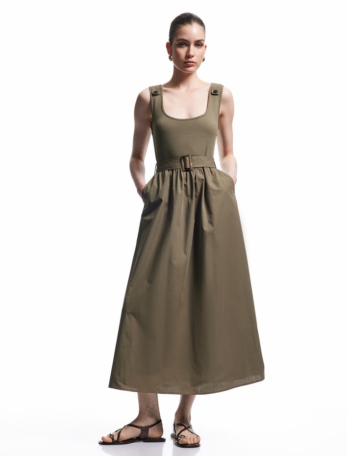  İki Farklı Kumaş Detaylı Kemerli Midi Boy A Kesim Kalın Askılı Poplin Elbise