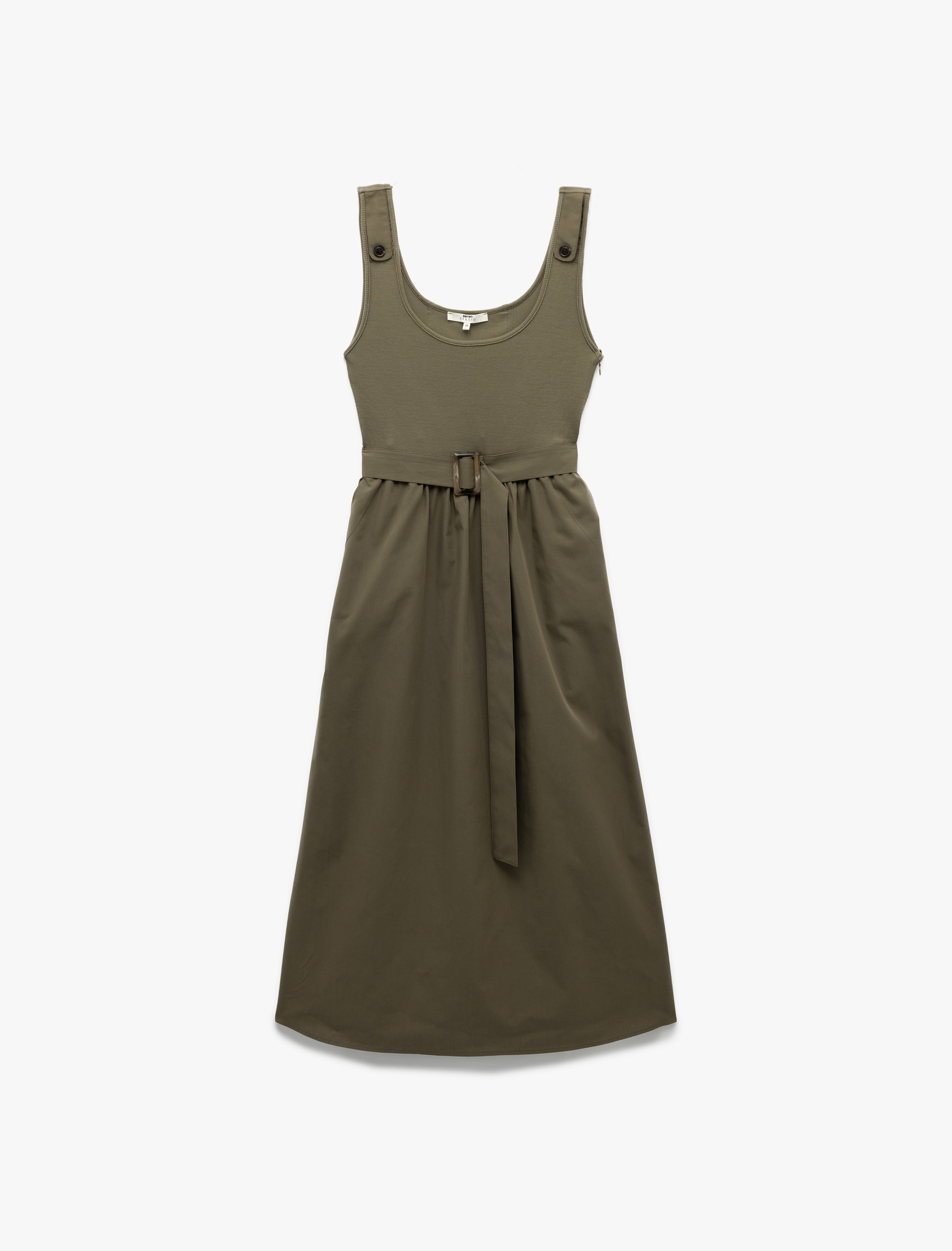 İki Farklı Kumaş Detaylı Kemerli Midi Boy A Kesim Kalın Askılı Poplin Elbise