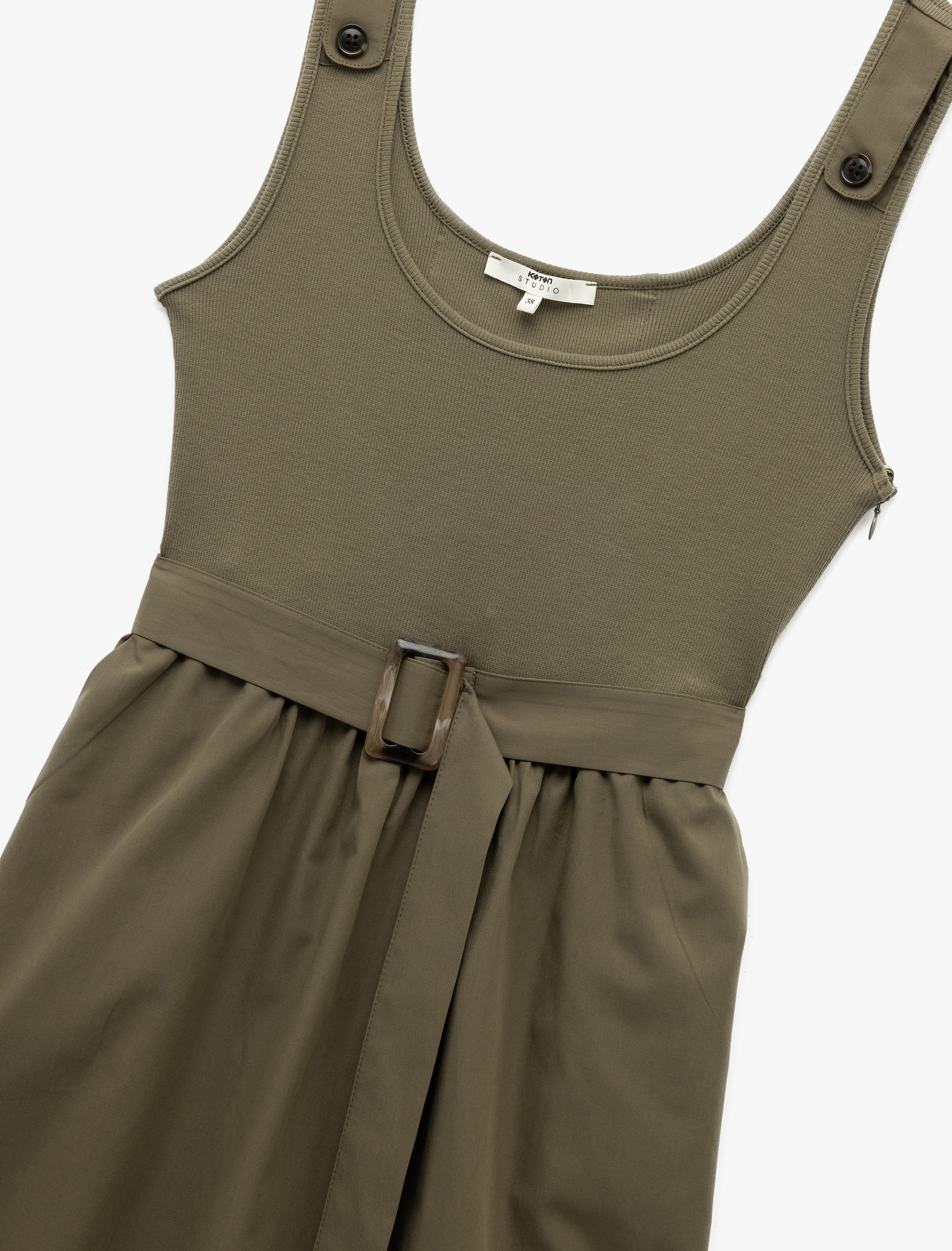 İki Farklı Kumaş Detaylı Kemerli Midi Boy A Kesim Kalın Askılı Poplin Elbise