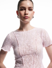 Transparan Slim Fit Kısa Kollu Bisiklet Yaka Dantelli Tişört