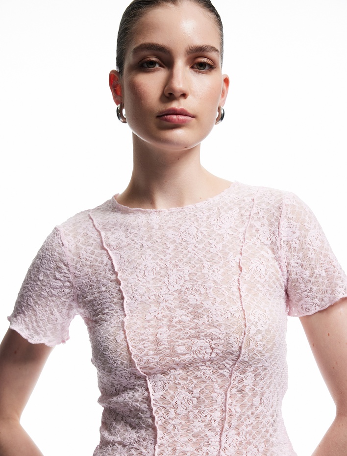  Transparan Slim Fit Kısa Kollu Bisiklet Yaka Dantelli Tişört