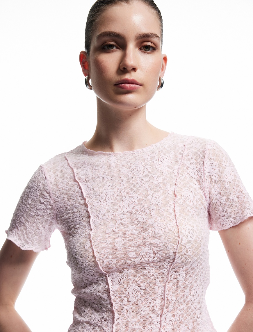   Transparan Slim Fit Kısa Kollu Bisiklet Yaka Dantelli Tişört
