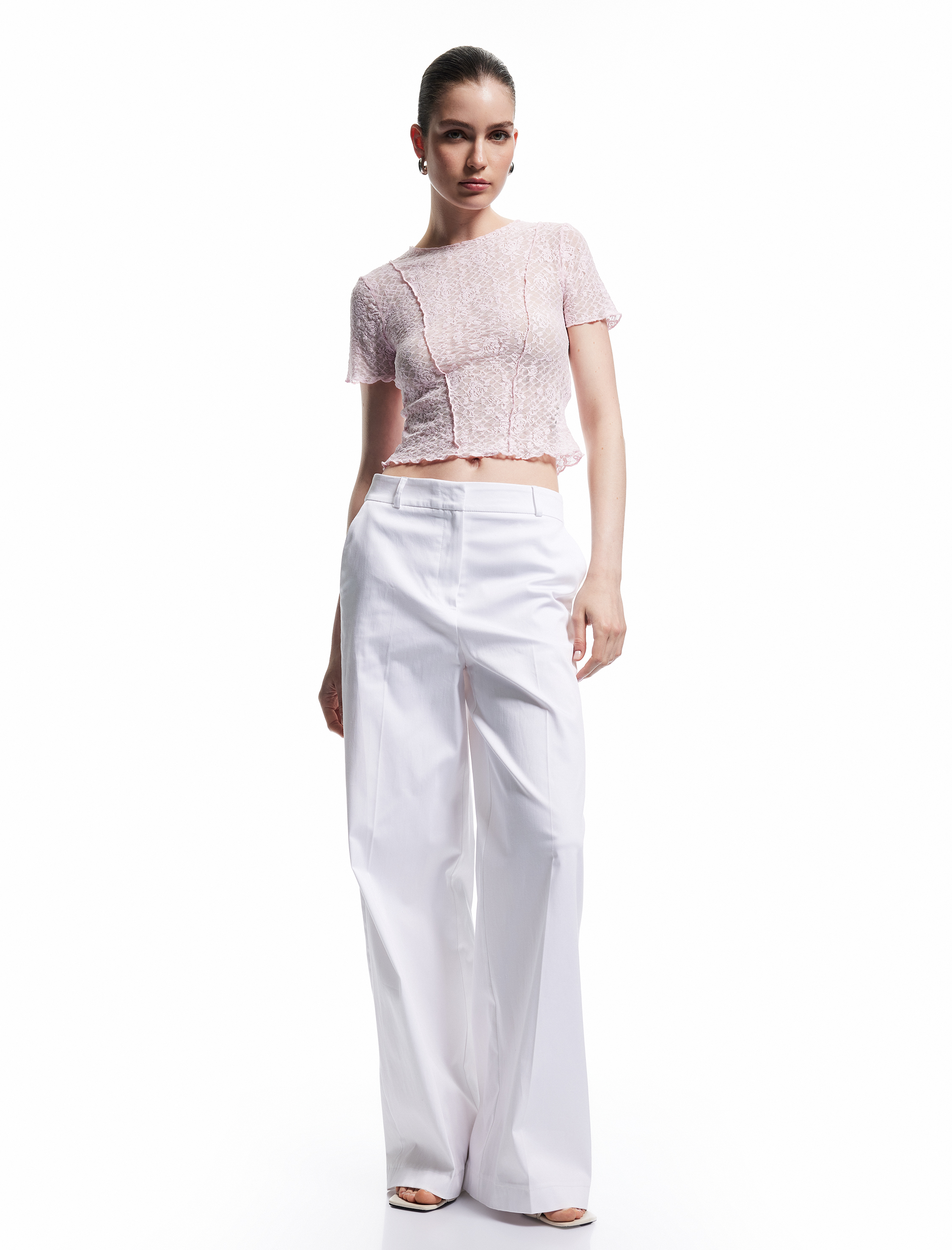   Transparan Slim Fit Kısa Kollu Bisiklet Yaka Dantelli Tişört