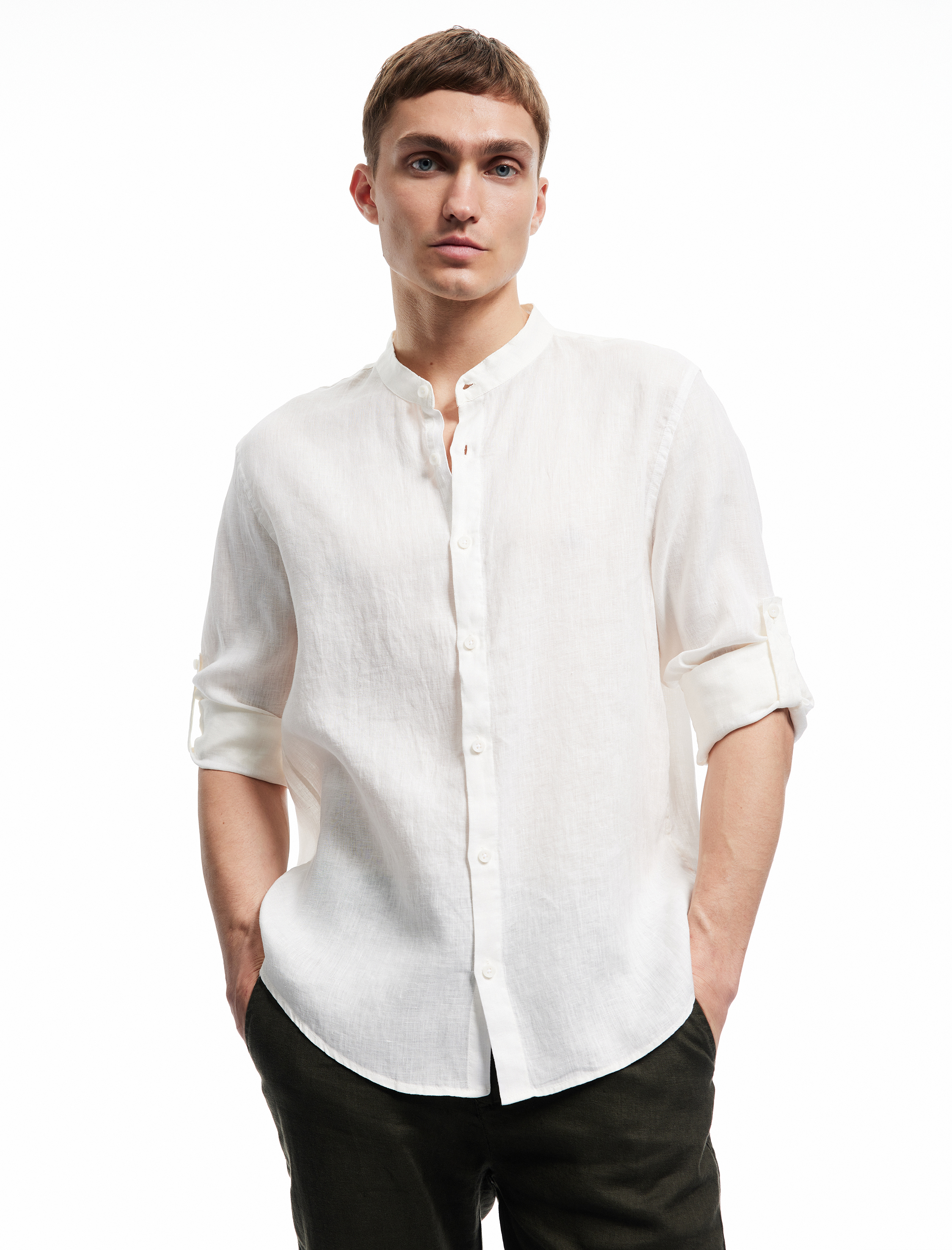   Uzun Kollu Regular Fit Hakim Yaka Keten Gömlek