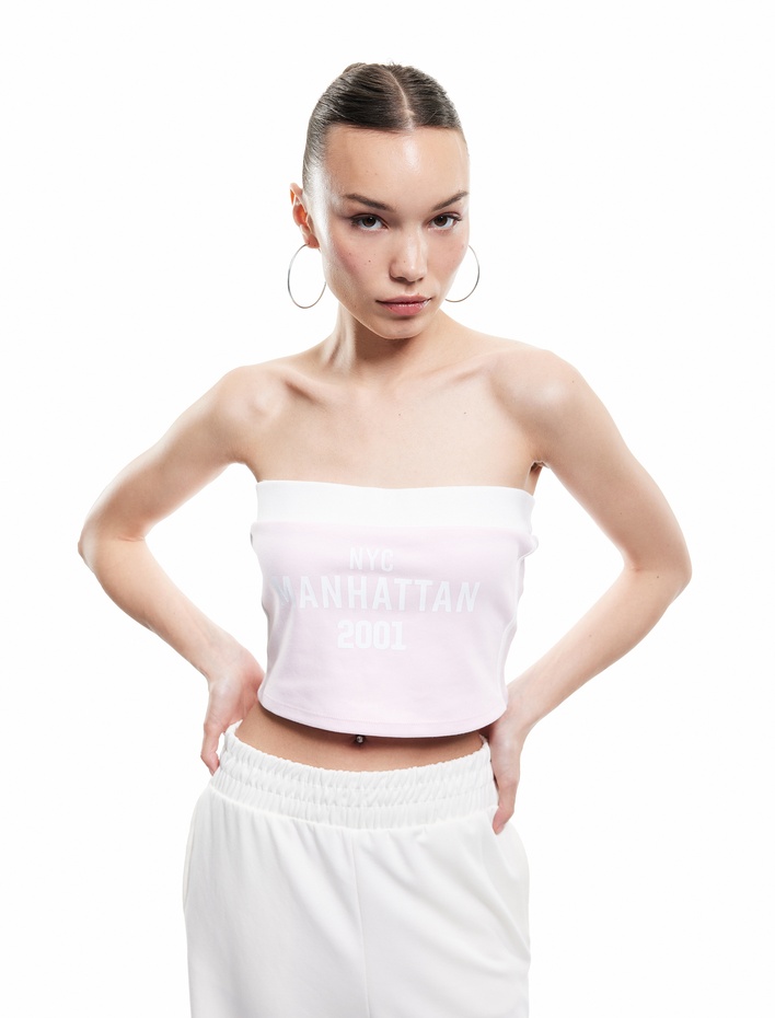  Straplez Yaka Şerit Detaylı Kolsuz Baskılı Crop Bluz