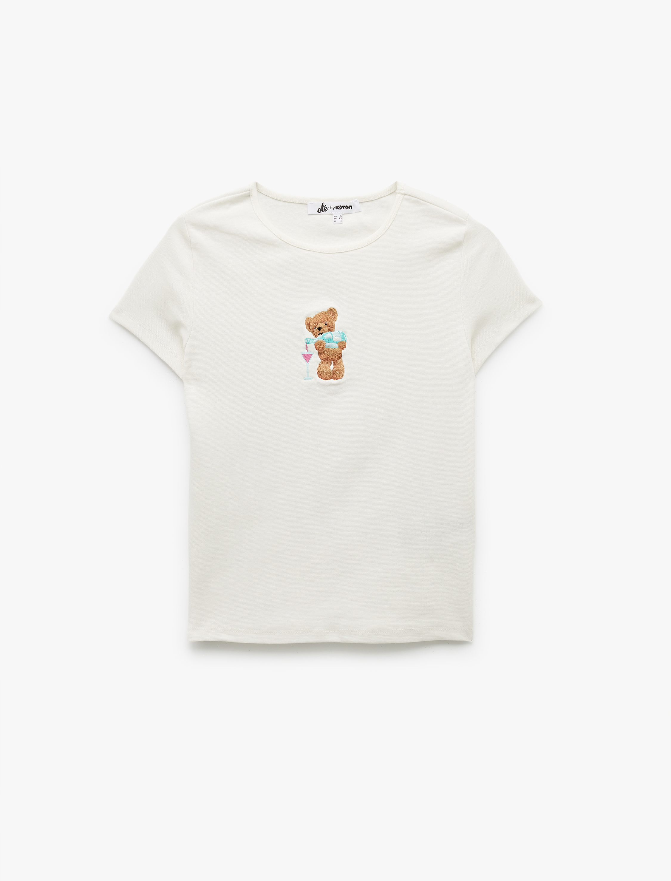   Bisiklet Yaka Kısa Kollu Ayıcık Baskılı Tişört