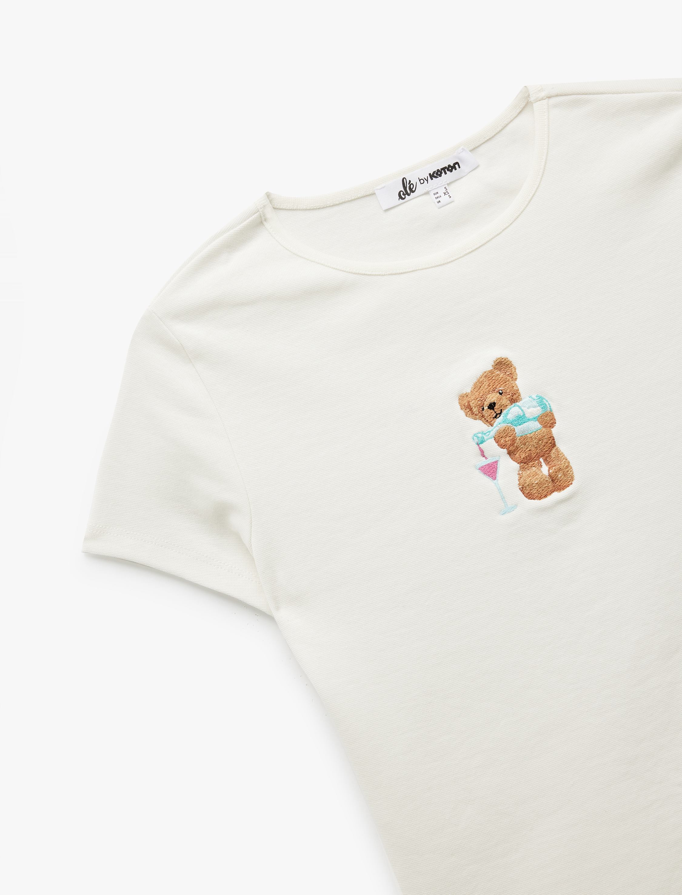   Bisiklet Yaka Kısa Kollu Ayıcık Baskılı Tişört