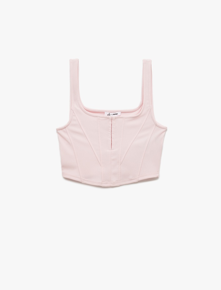  Kare Yaka Korse Detaylı Kolsuz Slim Fit Crop Bluz