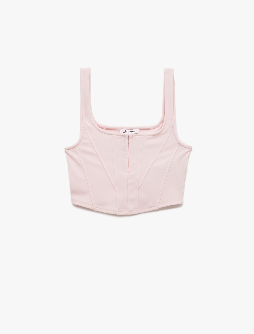   Kare Yaka Korse Detaylı Kolsuz Slim Fit Crop Bluz