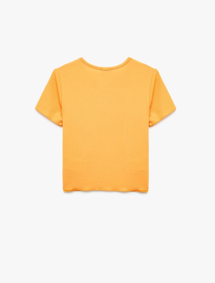 Kız Çocuk Palmiye Desenli Pencere Detaylı Kısa Kollu Bisiklet Yaka Crop Tişört