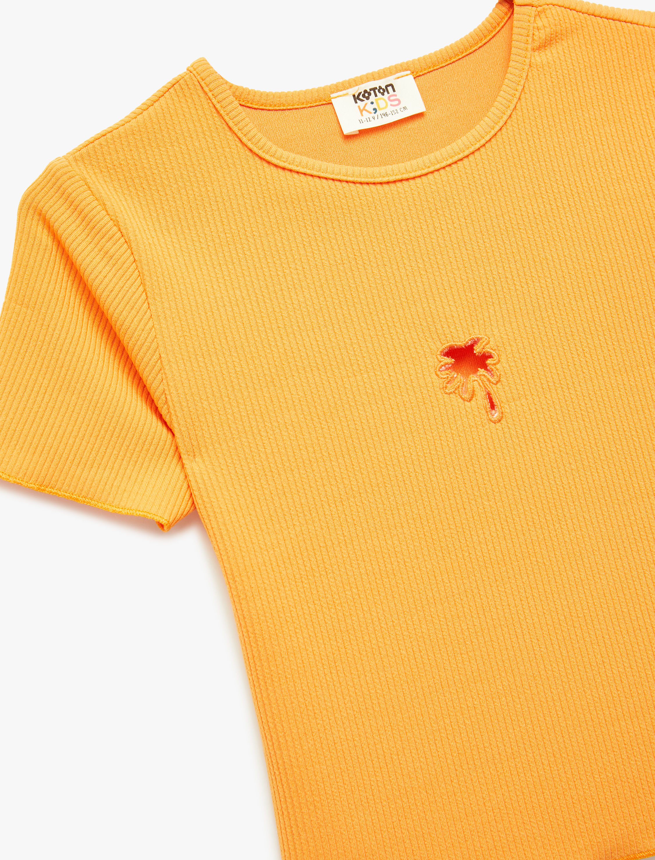  Kız Çocuk Palmiye Desenli Pencere Detaylı Kısa Kollu Bisiklet Yaka Crop Tişört