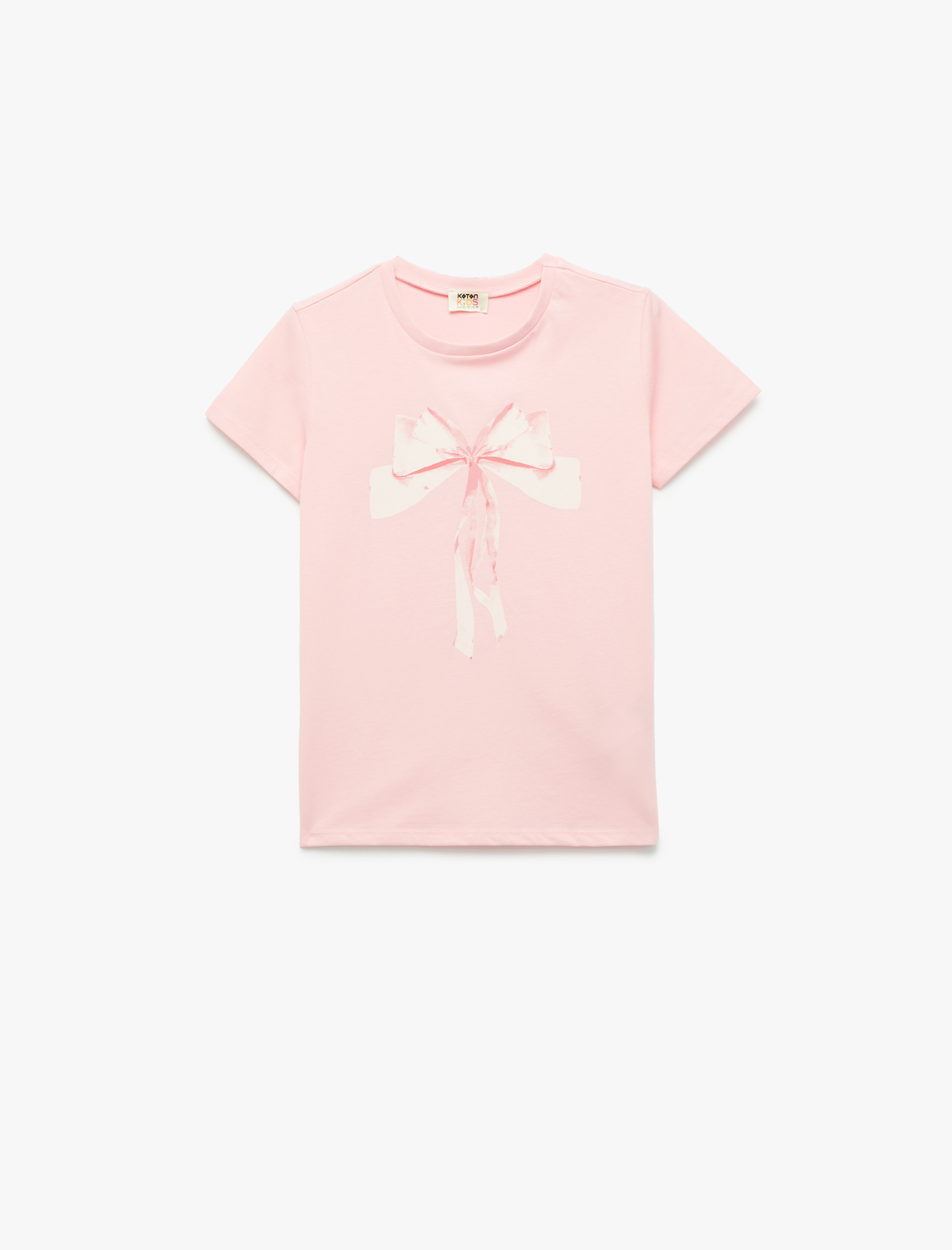  Kız Çocuk Kısa Kollu Bisiklet Yaka Fiyonk Baskılı Pamuklu Tişört