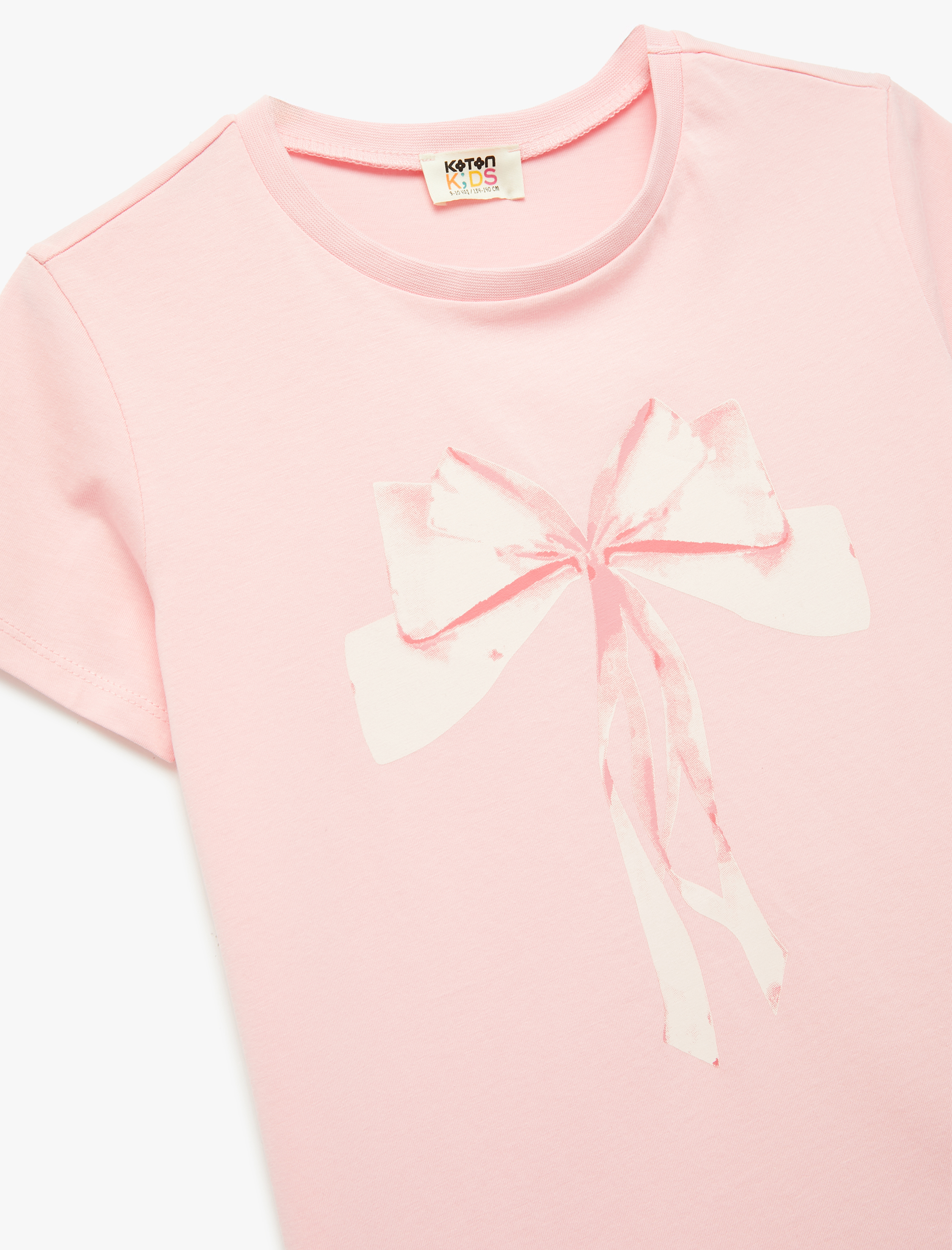  Kız Çocuk Kısa Kollu Bisiklet Yaka Fiyonk Baskılı Pamuklu Tişört