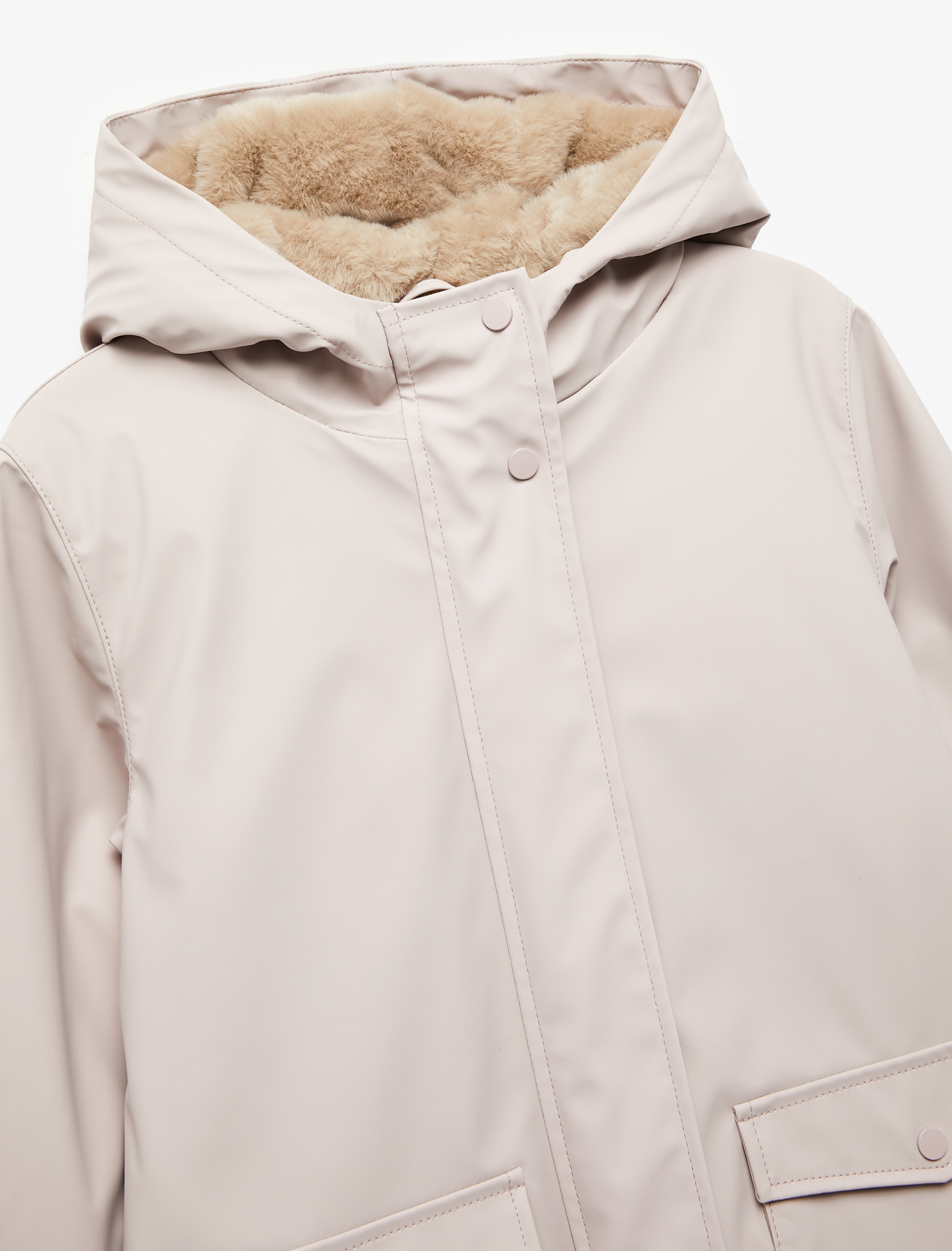  Kız Çocuk Kapşonlu Peluş Detaylı Kapaklı Cepli Uzun Kollu Mont