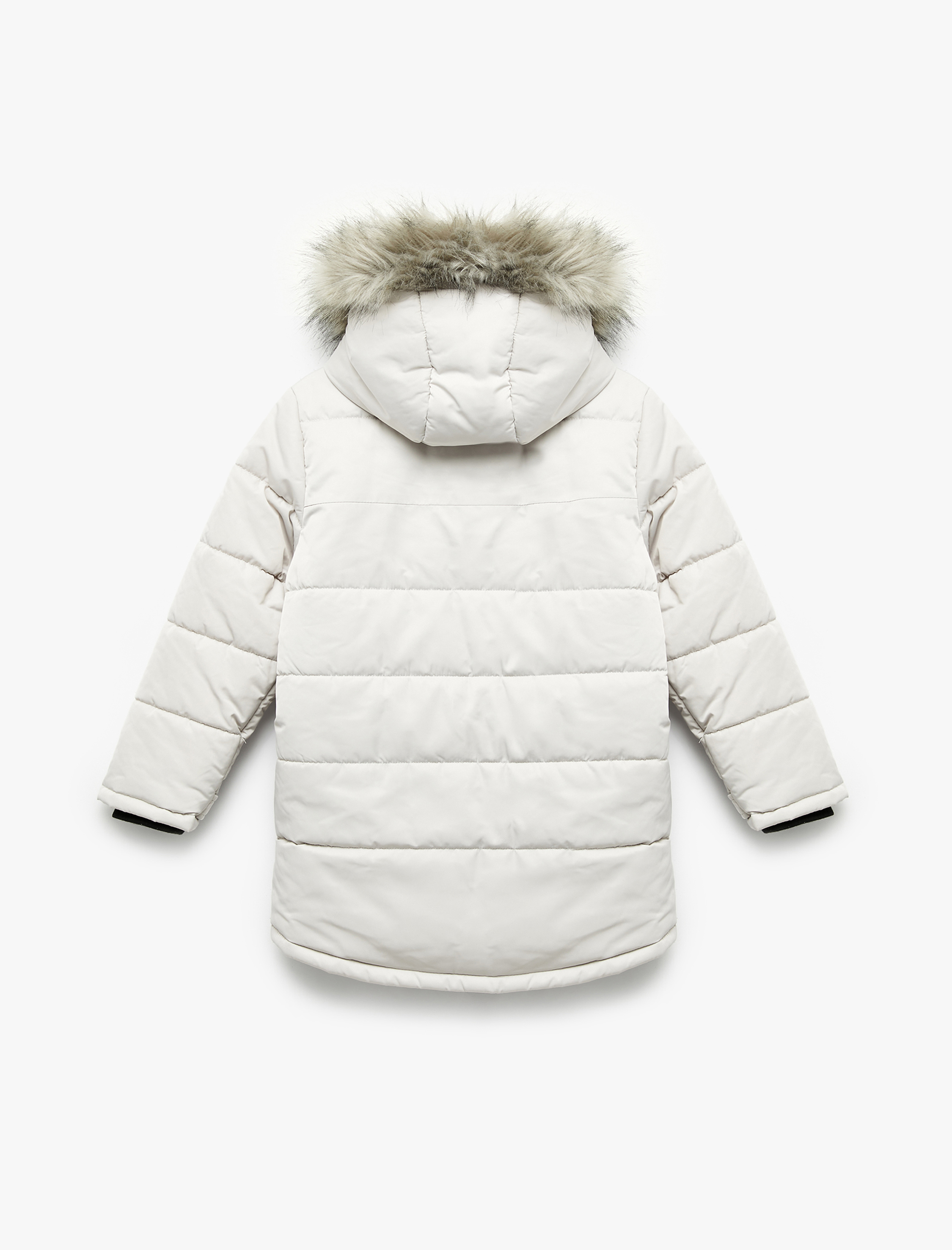  Erkek Çocuk Peluş Detaylı Uzun Kollu Fermuarlı Cepli Uzun Kapşonlu Şişme Mont