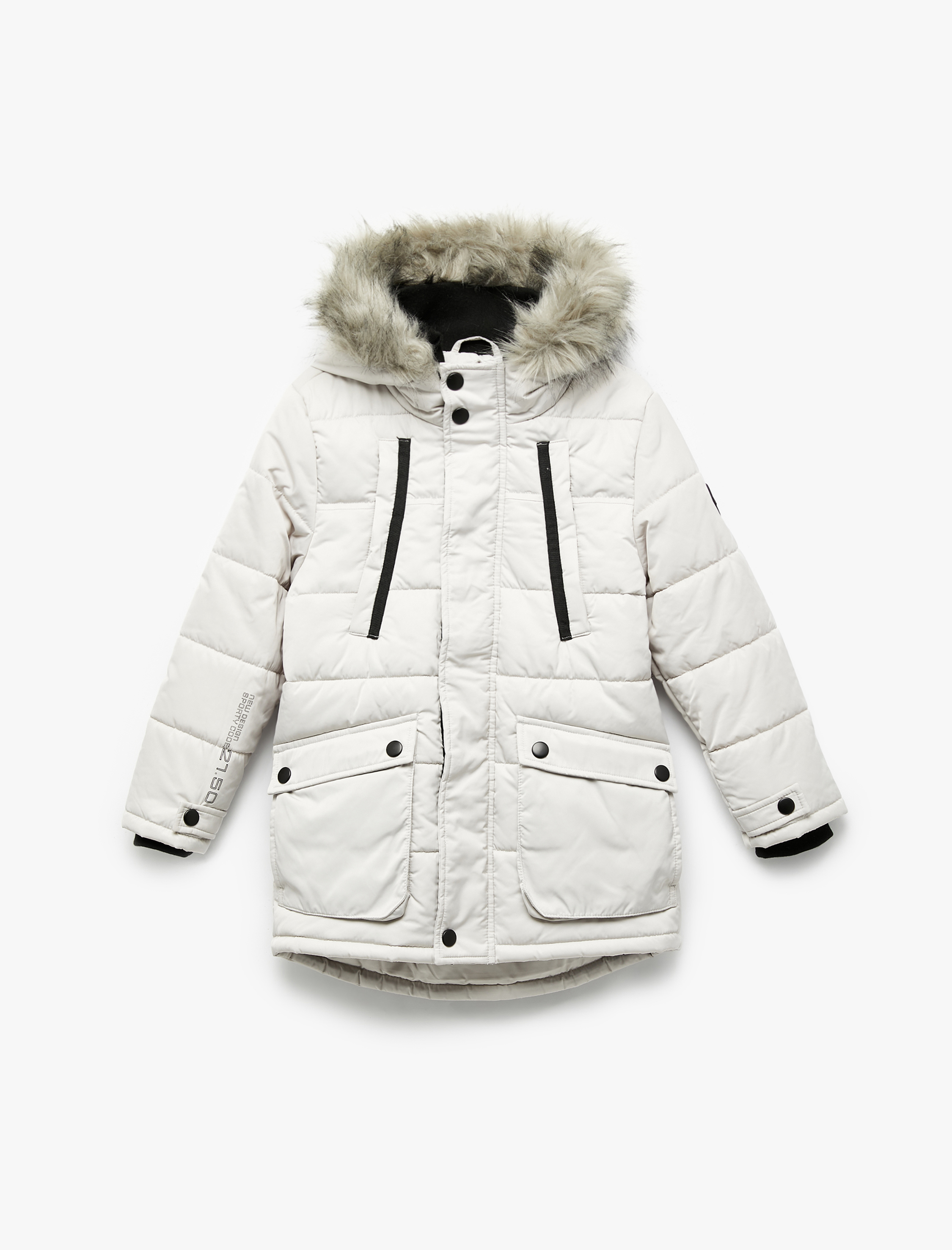  Erkek Çocuk Peluş Detaylı Uzun Kollu Fermuarlı Cepli Uzun Kapşonlu Şişme Mont