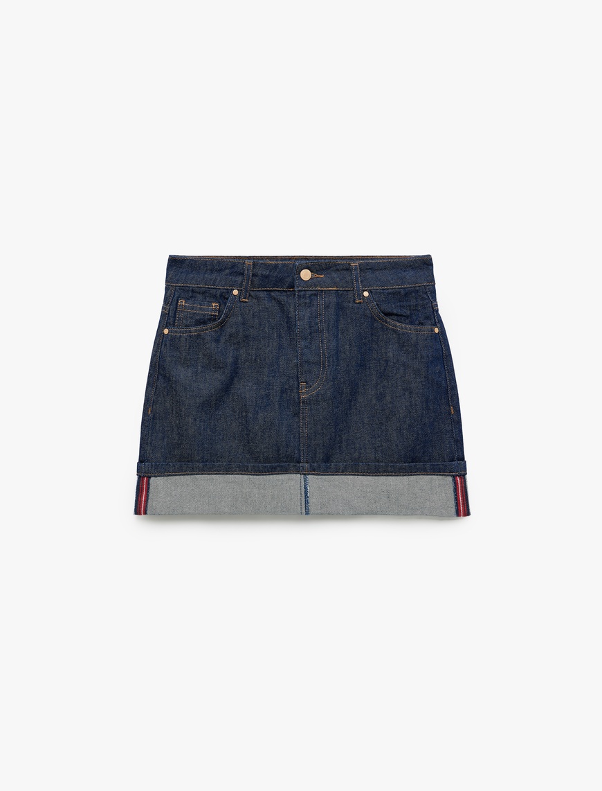  Pamuklu Katlı Cepli Düğmeli Rahat Kalıp Çizgili Denim Mini Etek