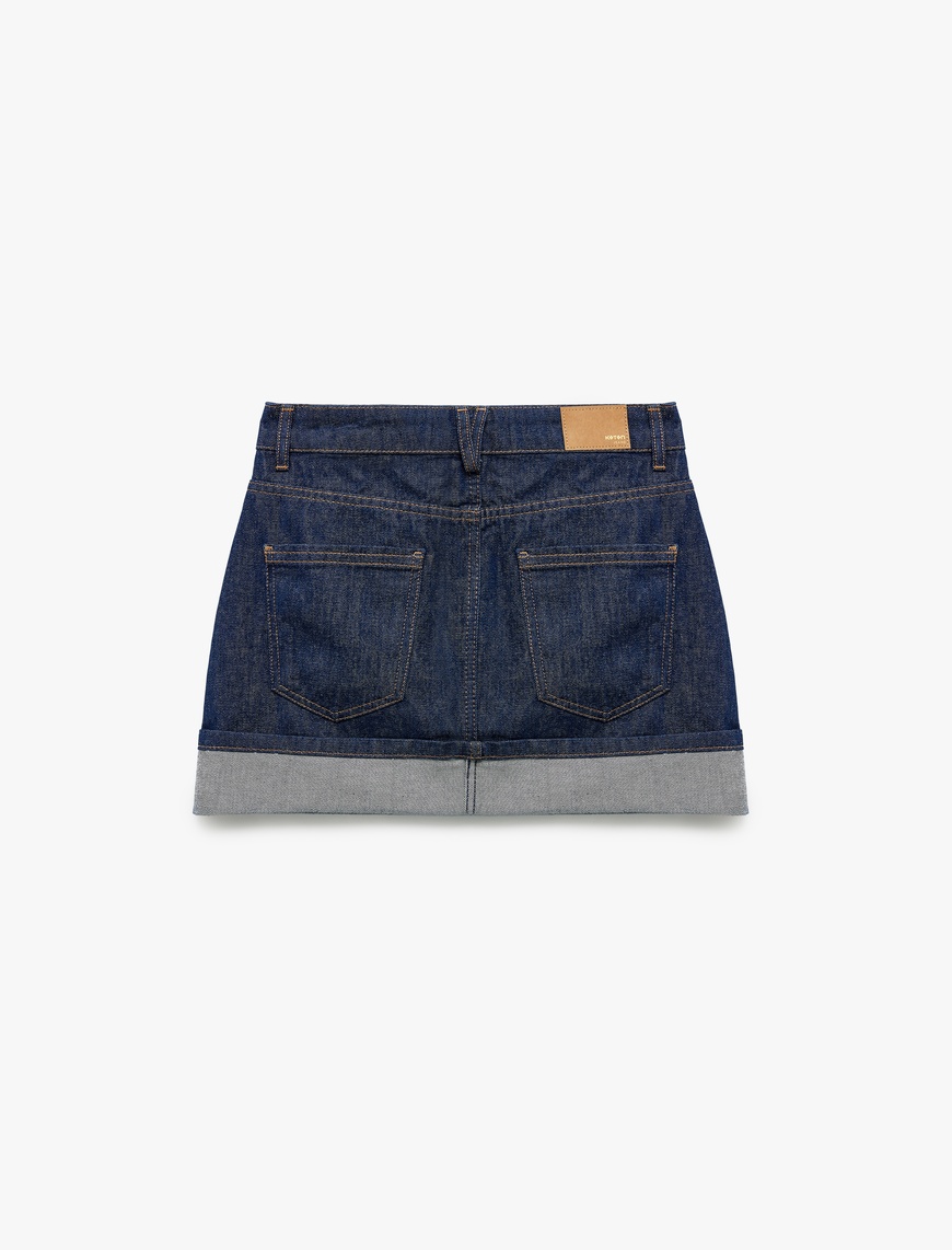   Pamuklu Katlı Cepli Düğmeli Rahat Kalıp Çizgili Denim Mini Etek