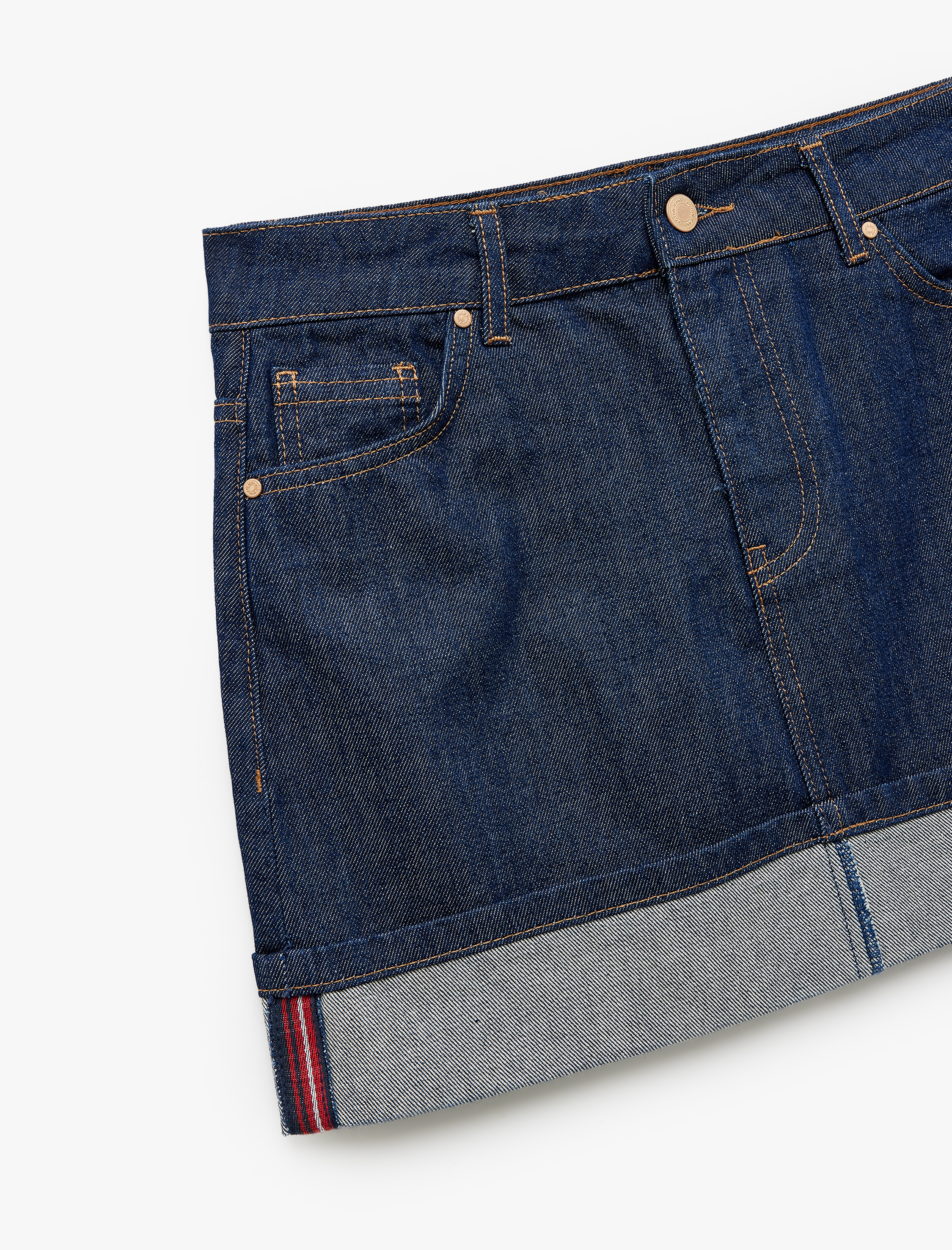   Pamuklu Katlı Cepli Düğmeli Rahat Kalıp Çizgili Denim Mini Etek