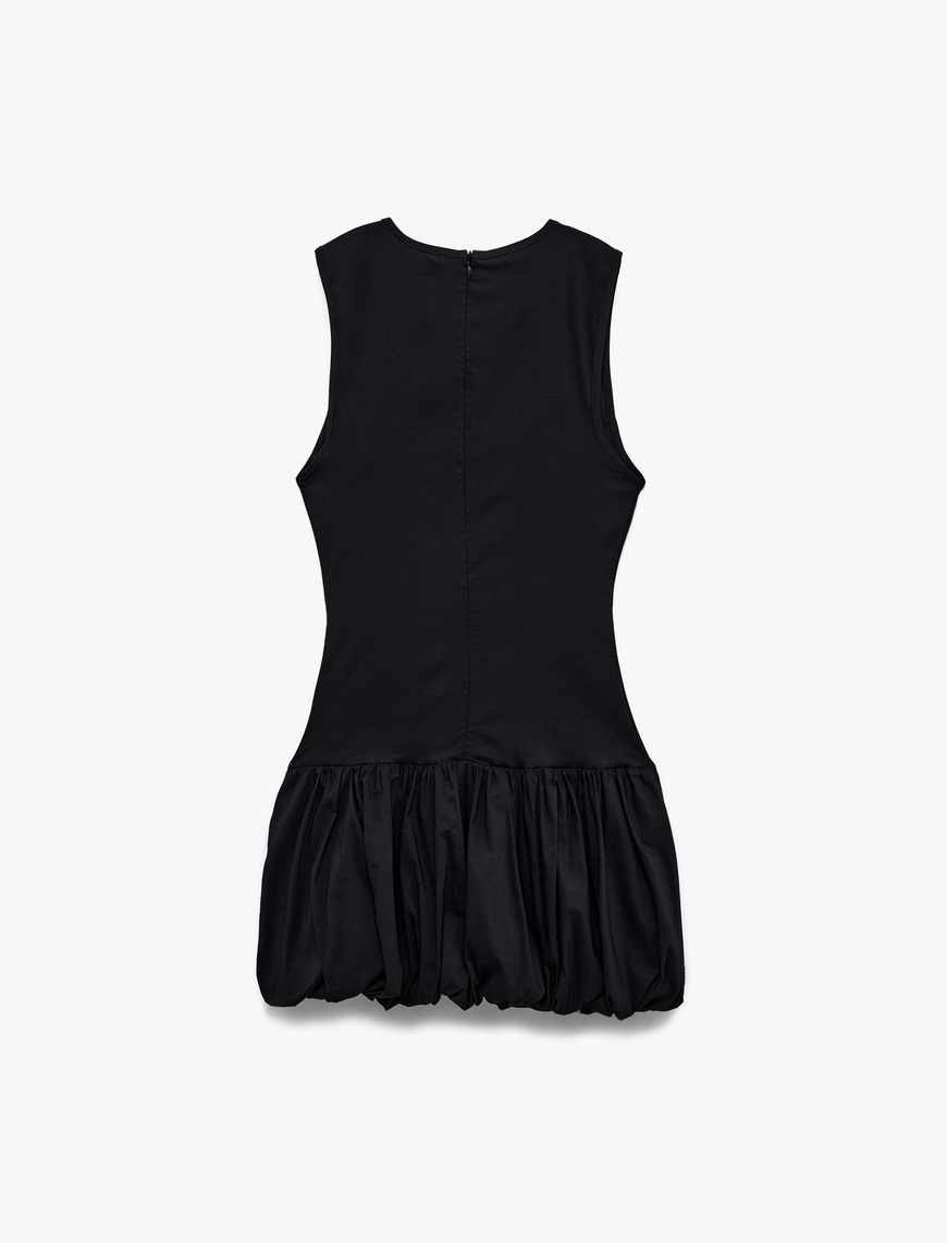   U Yaka Slim Fit Kolsuz Mini Balon Elbise