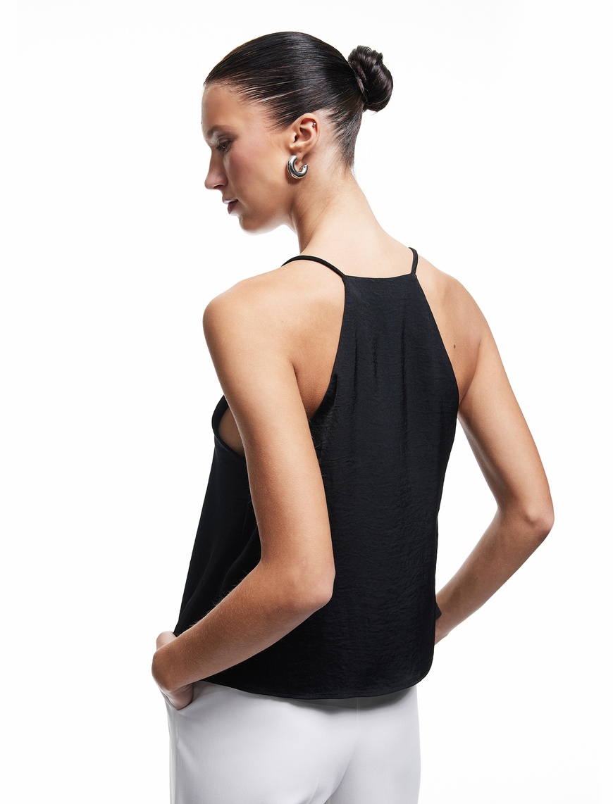   Aerobin Kumaş Kolsuz Halter Yaka Basic Askılı Saten Bluz