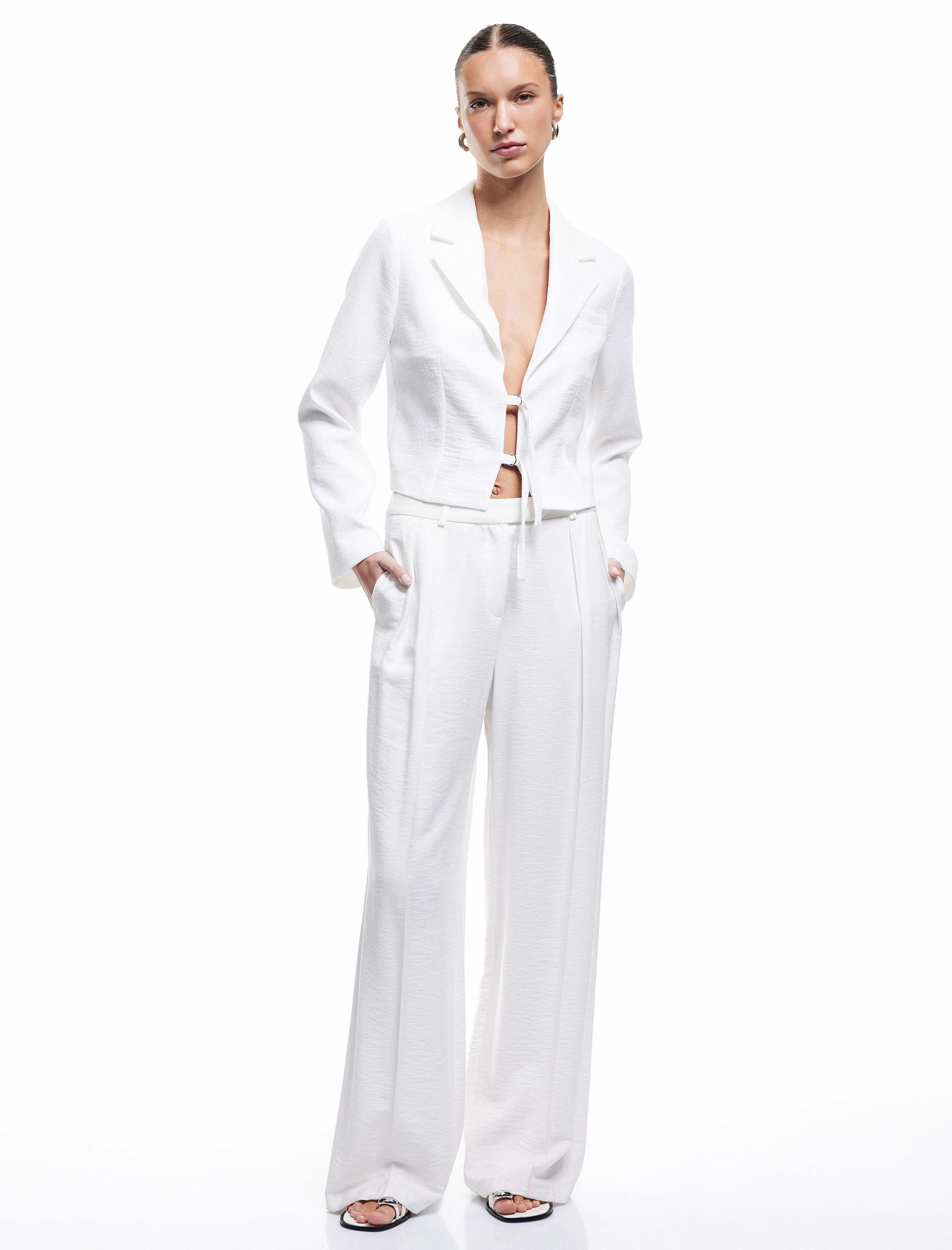   Keten Görünümlü Dokulu Kruvaze Önden Bağlama Detaylı Blazer Ceket