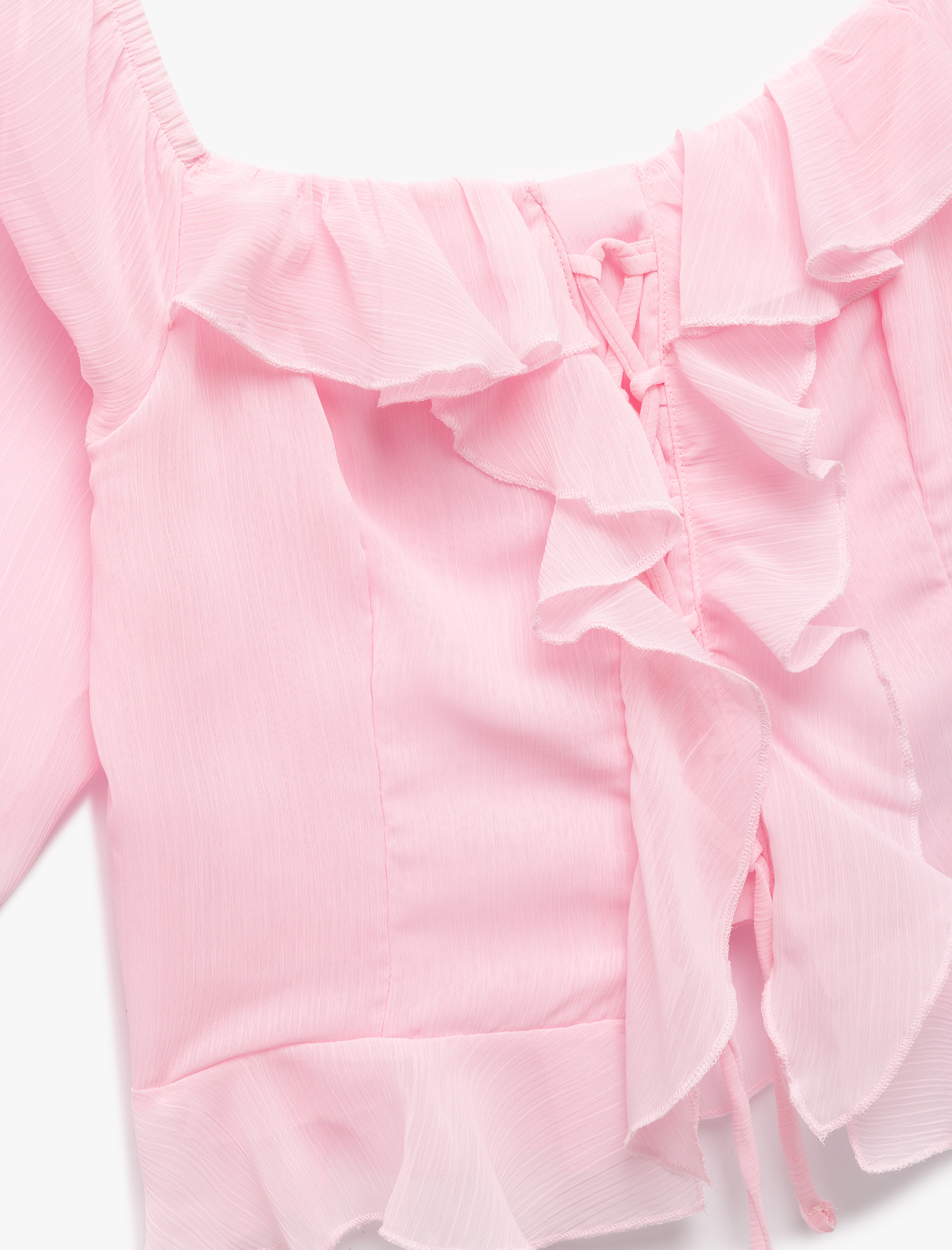   Fırfırlı Bağcık Detaylı Kare Yaka Crop Balon Kol Şifon Gömlek