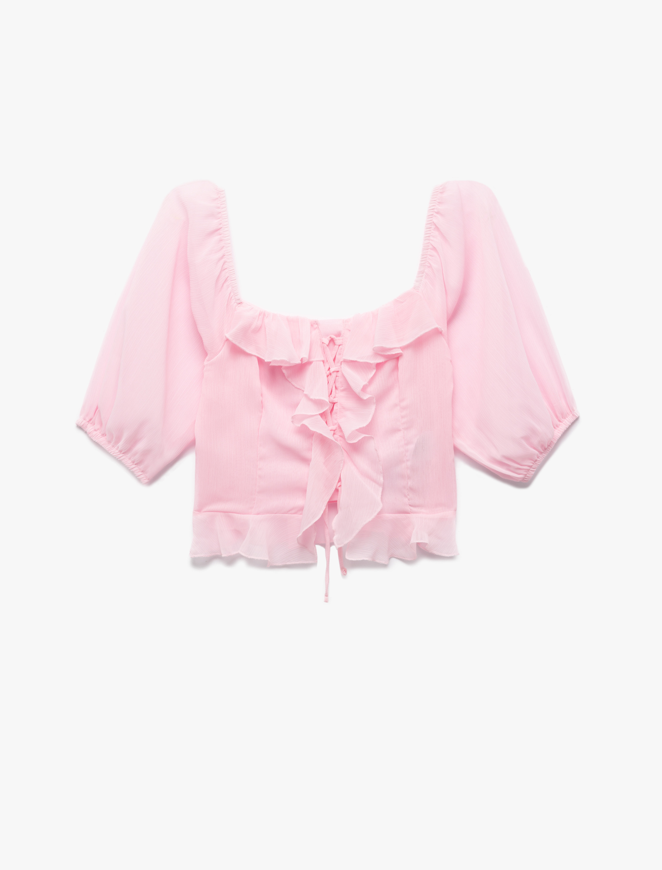   Fırfırlı Bağcık Detaylı Kare Yaka Crop Balon Kol Şifon Gömlek