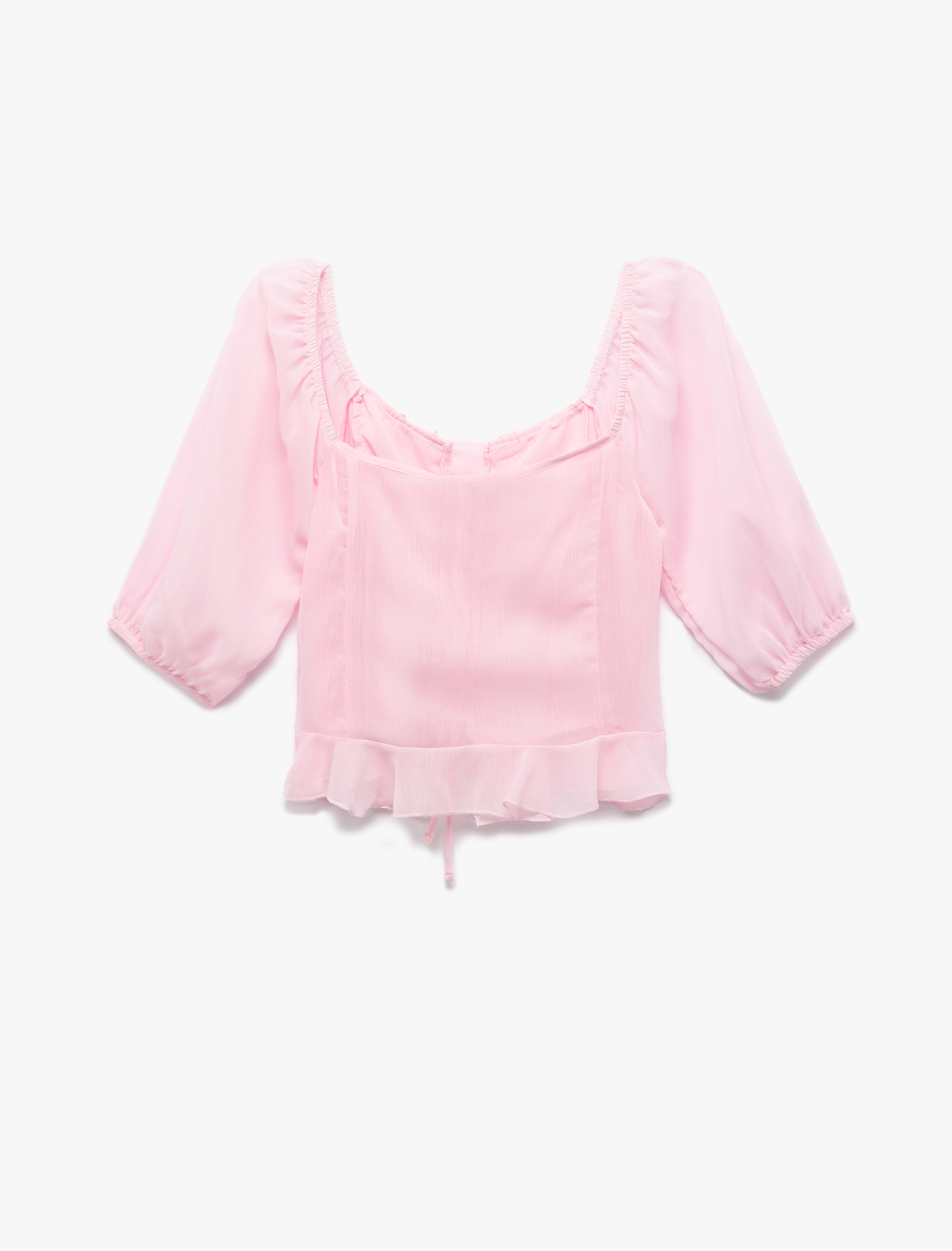   Fırfırlı Bağcık Detaylı Kare Yaka Crop Balon Kol Şifon Gömlek