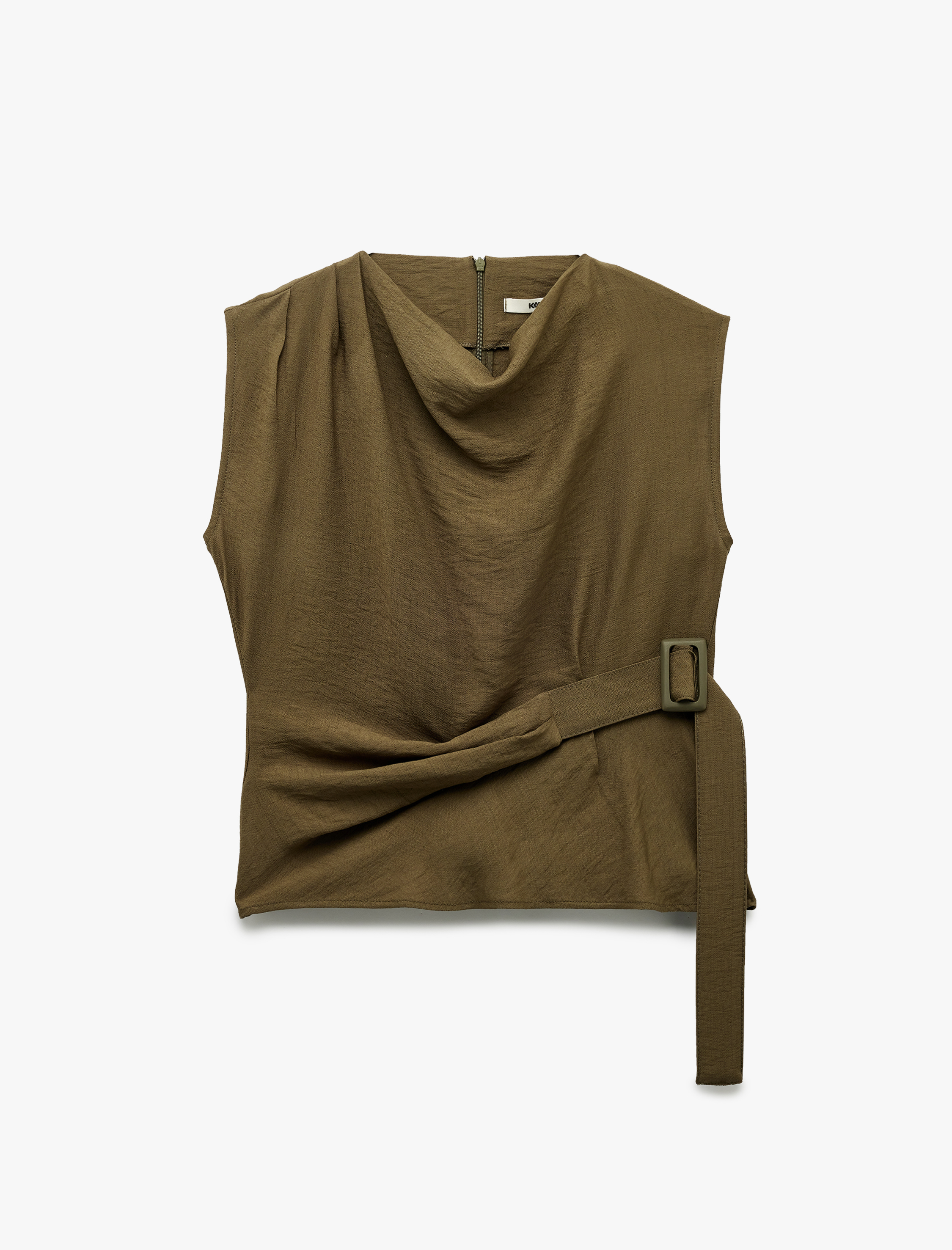   Aerobin Viskon Kumaş Kemer Detaylı Degaje Yaka Asimetrik Kolsuz Bluz