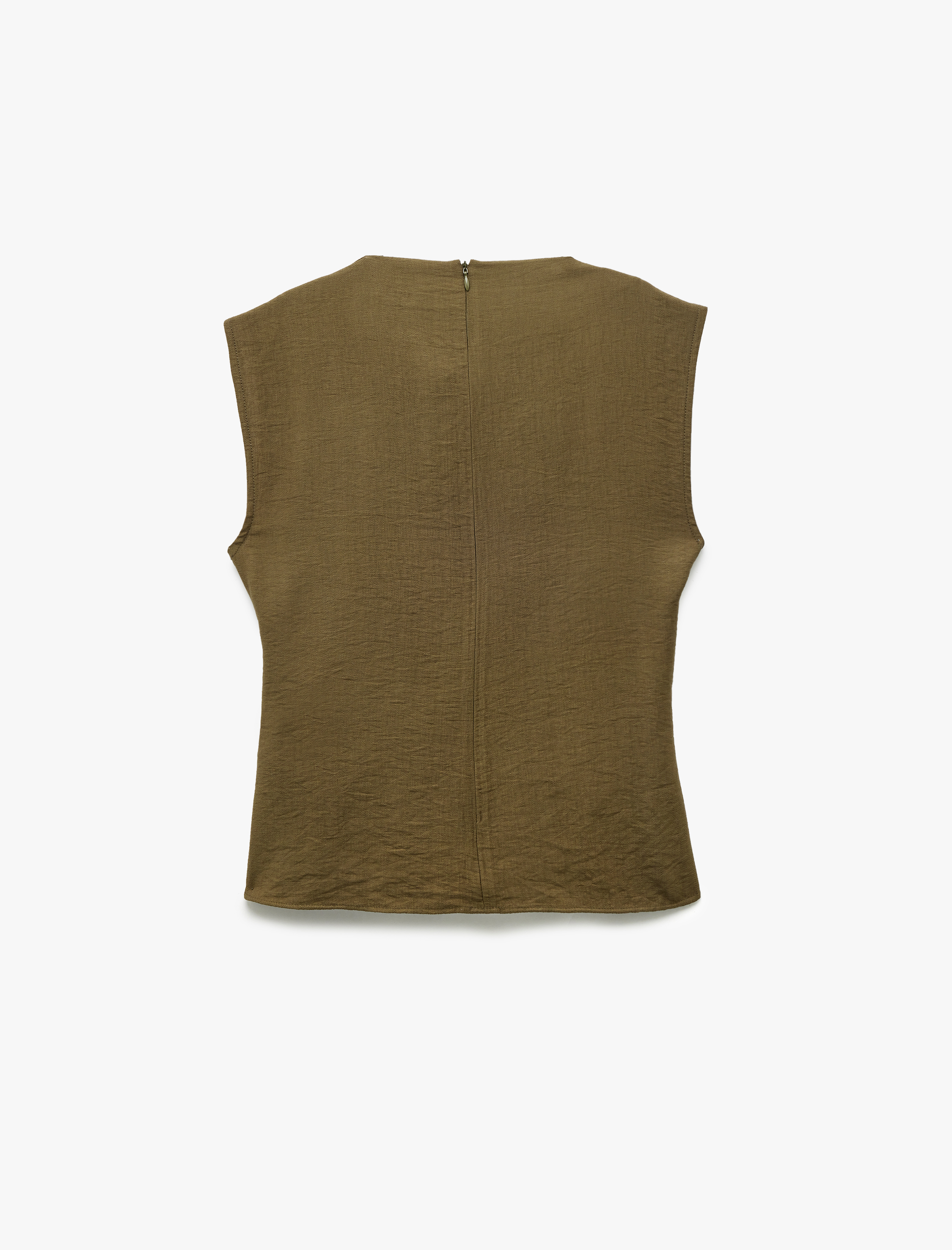   Aerobin Viskon Kumaş Kemer Detaylı Degaje Yaka Asimetrik Kolsuz Bluz