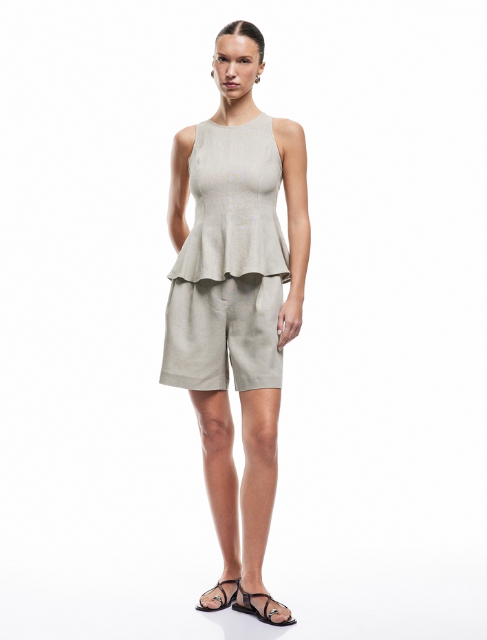  Bol Kalıp Kolsuz Bisiklet Yaka Keten Peplum Bluz