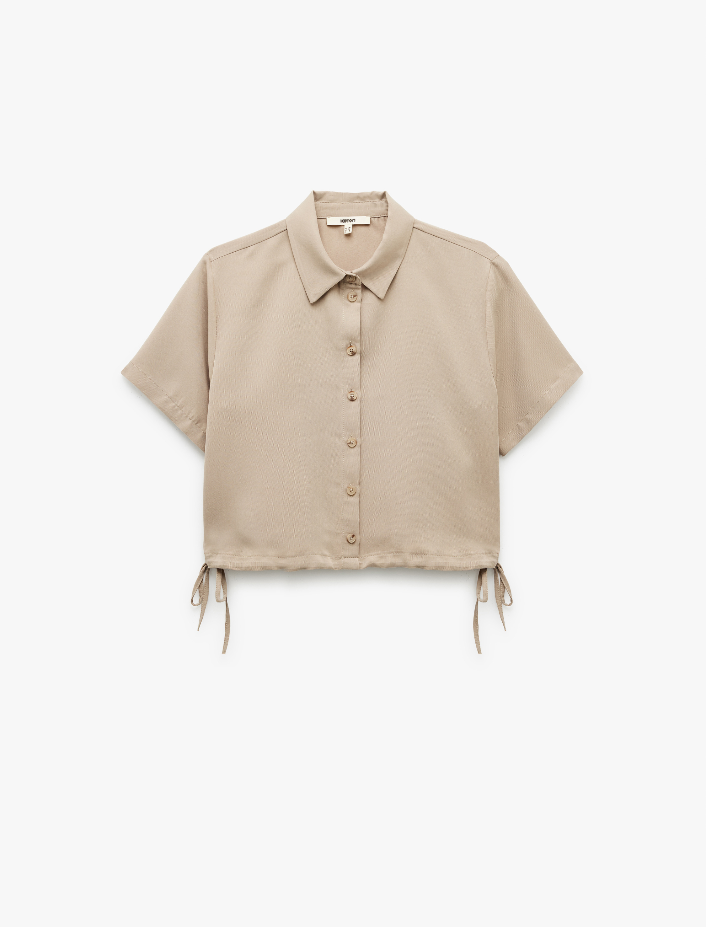   Klasik Yaka Modal Kumaş Kısa Kollu Yanları Bağcıklı Crop Gömlek