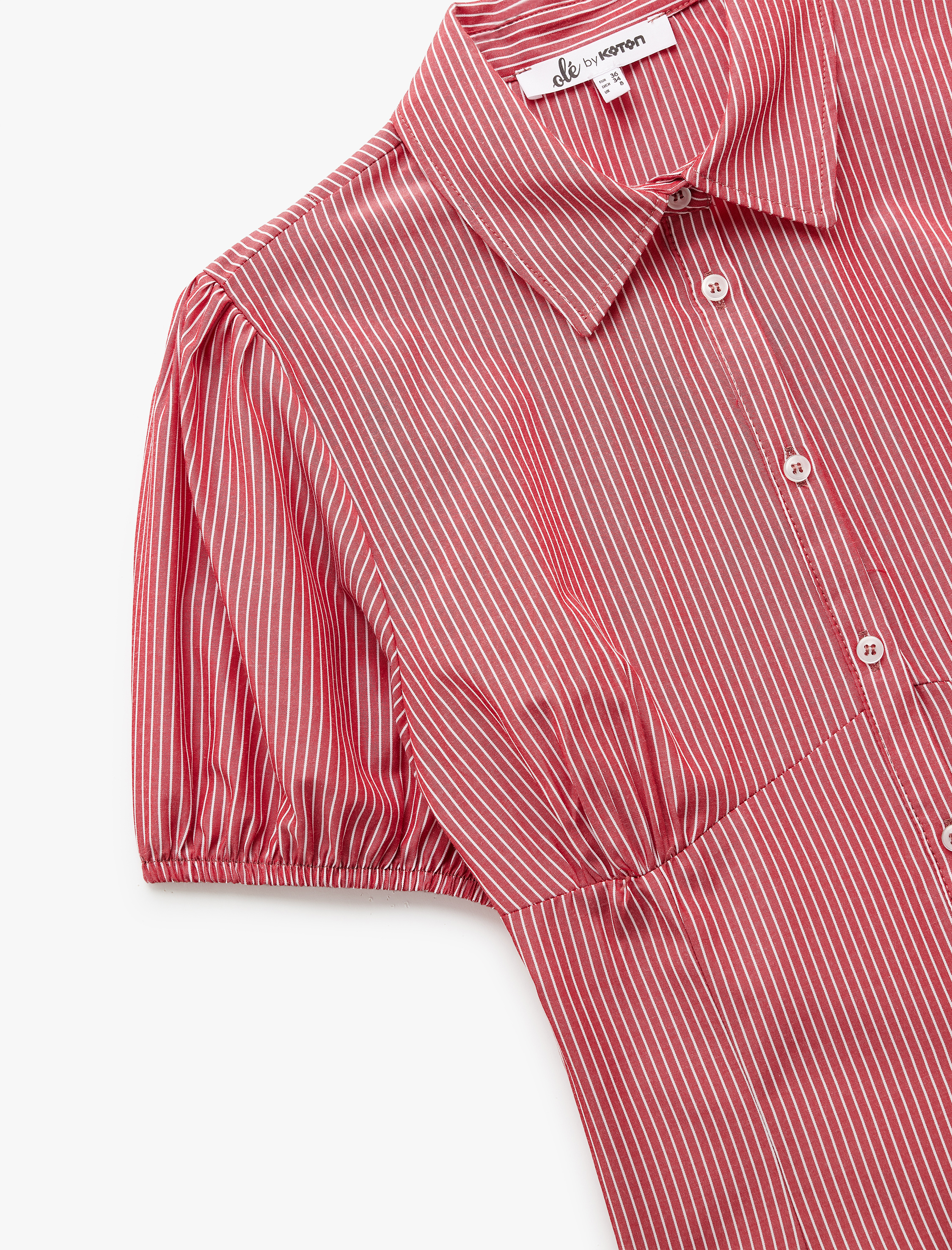   Klasik Yaka Düğmeli Dar Kesim Kısa Balon Kol Çizgili Gömlek