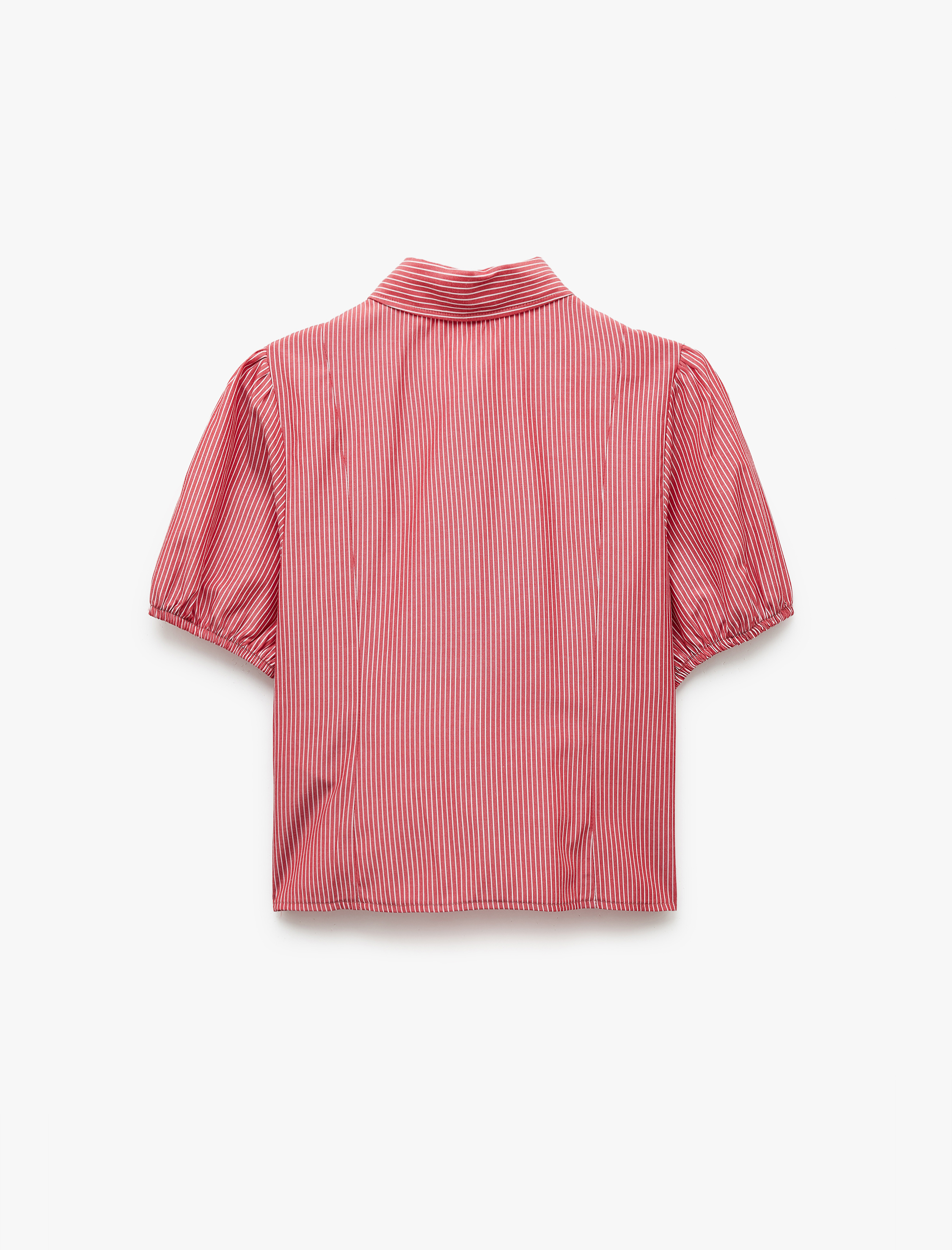   Klasik Yaka Düğmeli Dar Kesim Kısa Balon Kol Çizgili Gömlek