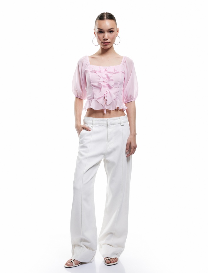  Fırfırlı Bağcık Detaylı Kare Yaka Crop Balon Kol Şifon Gömlek