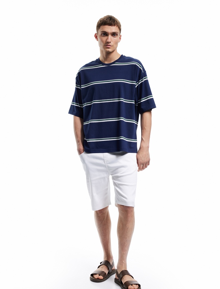  Çizgili Bisiklet Yaka Kısa Kollu Tok Kumaş Pamuklu Oversize Tişört