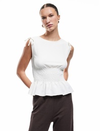Slim Fit Bürümcük Kumaş Gipeli Kayık Yaka Kolsuz Bluz