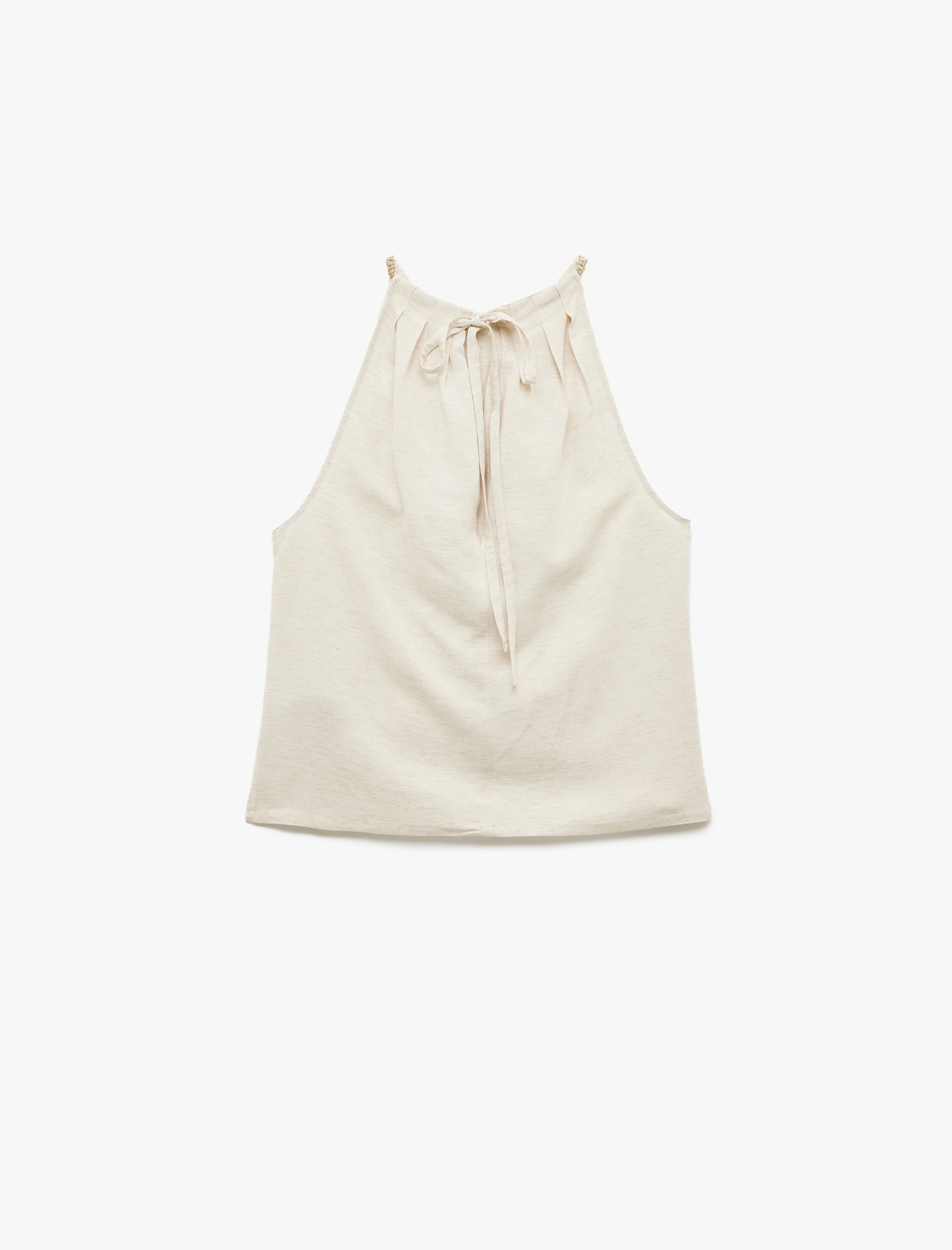   Kolsuz Keten Karışımlı Kruvaze Halter Yaka Bluz